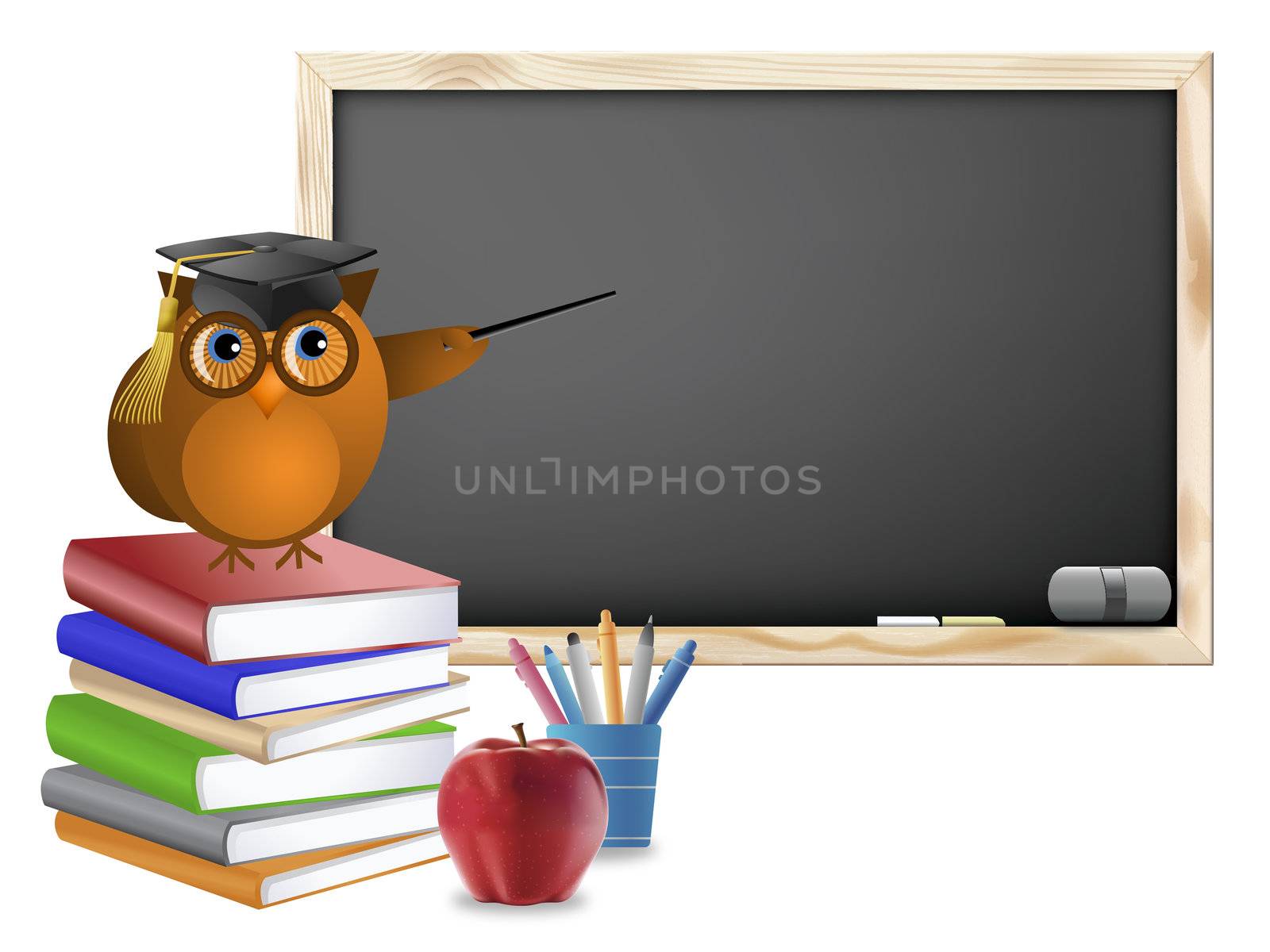 Classroom with Chalkboard Books Pens and Apple by Davidgn