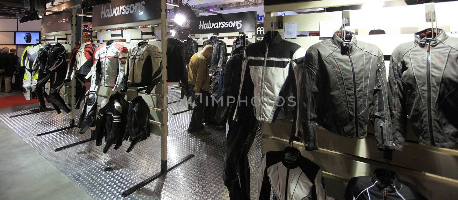 Motorcycles accessories in exhibition at EICMA, International Motorcycle Exhibition in Milan, Italy.