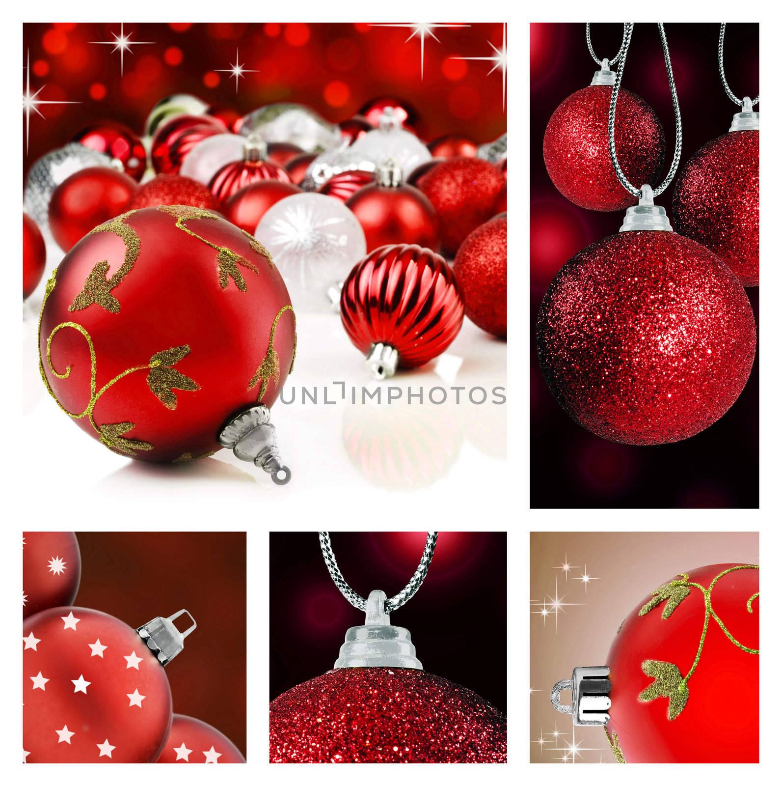 Collage of red christmas decorations on different backgrounds by tish1