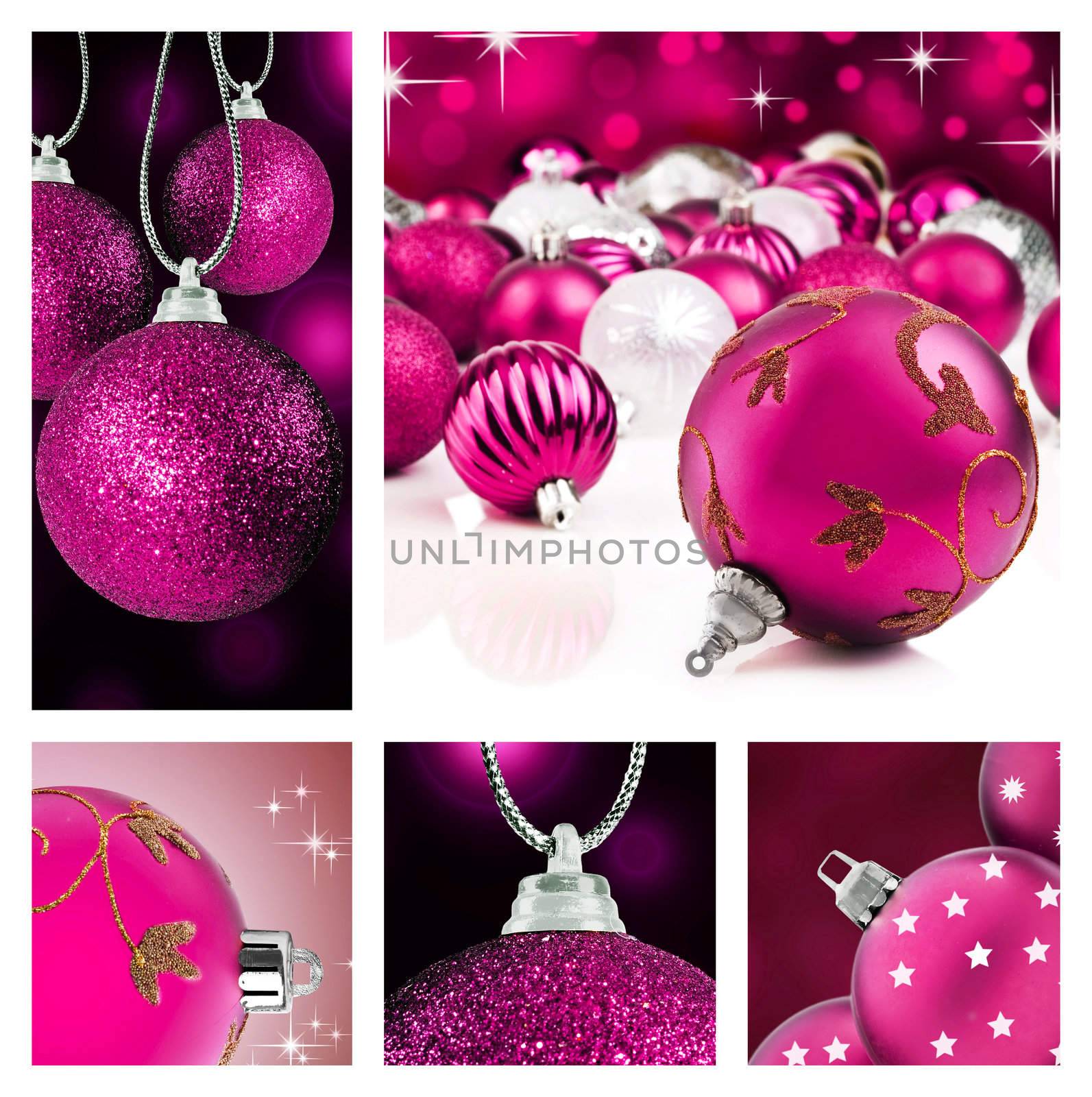 Collage of pink  christmas decorations on different backgrounds with copy space