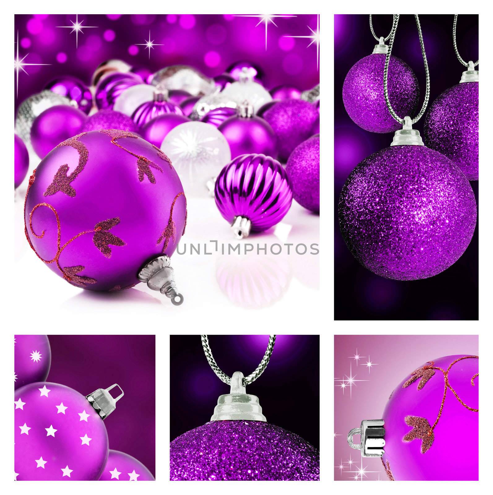 Collage of purple  christmas decorations on different backgrounds with copy space by tish1