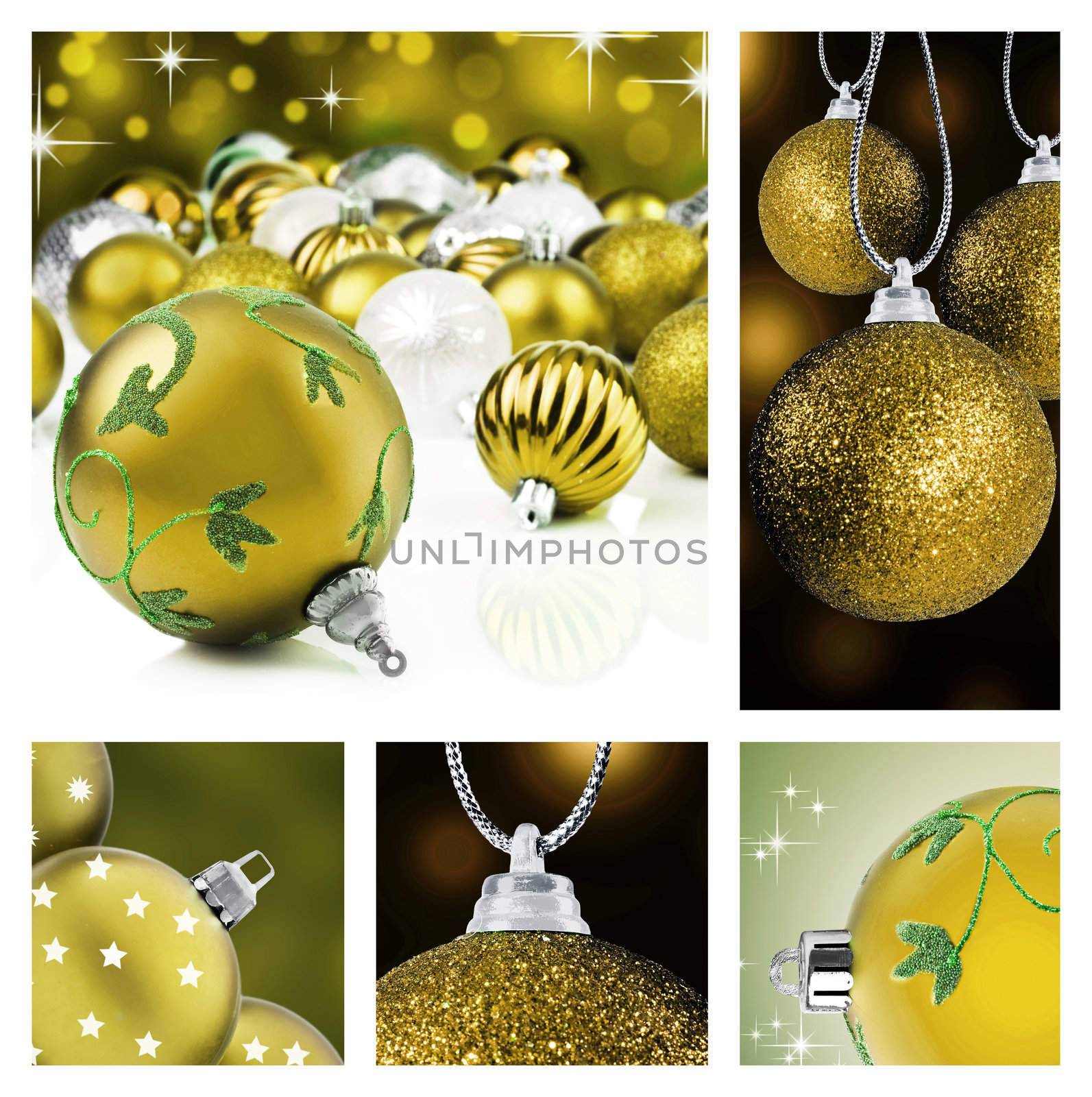 Collage of golden christmas decorations on different backgrounds