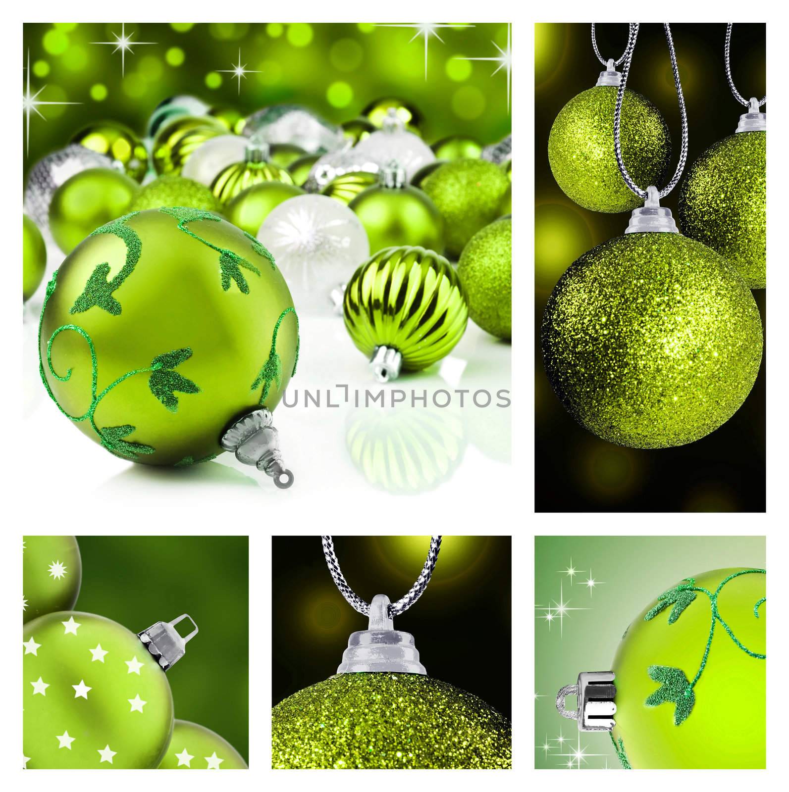 Collage of green christmas decorations on different backgrounds