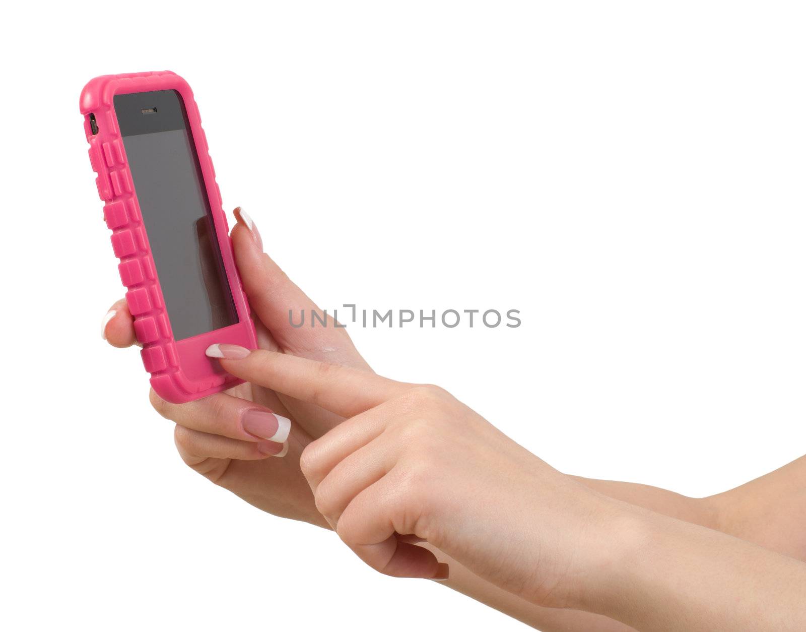 Woman's hand with French manicure keeps your mobile phone.