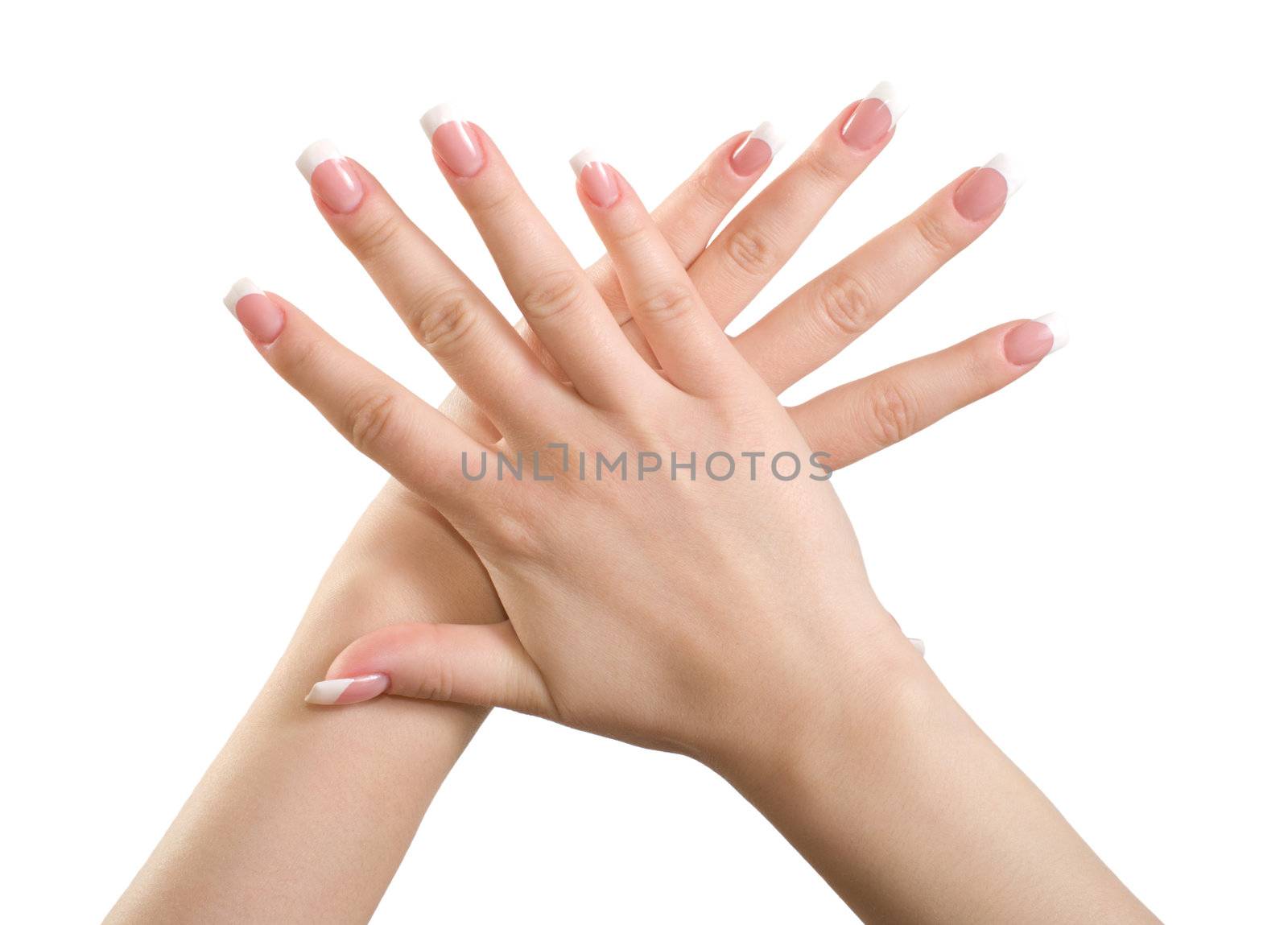 Female hands with French manicure isolated on white background.