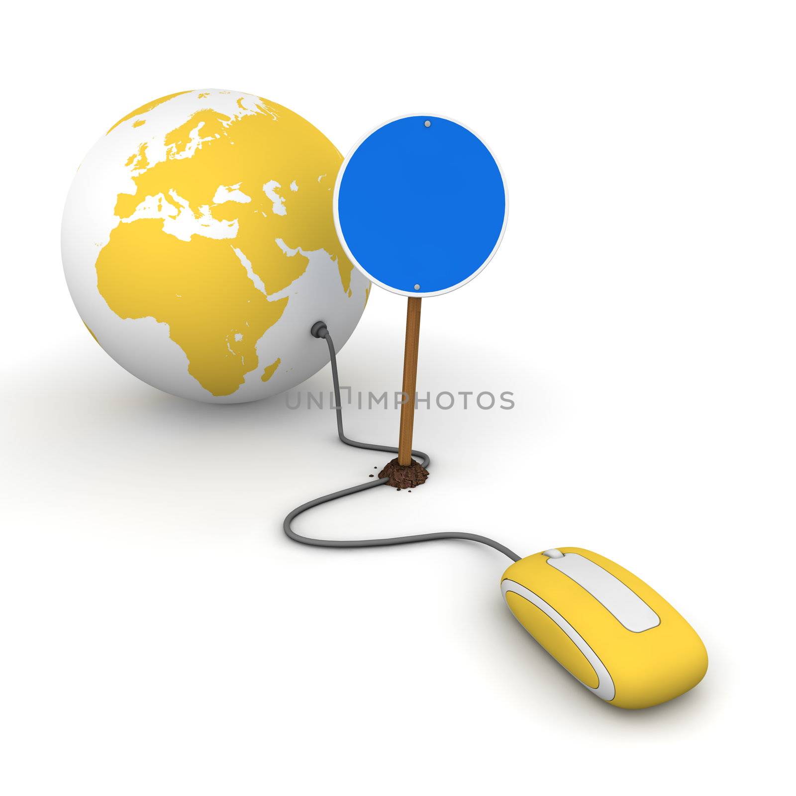 red computer mouse is connected to a yellow globe - surfing and browsing is blocked by a blue round mandatory-sign - empty template