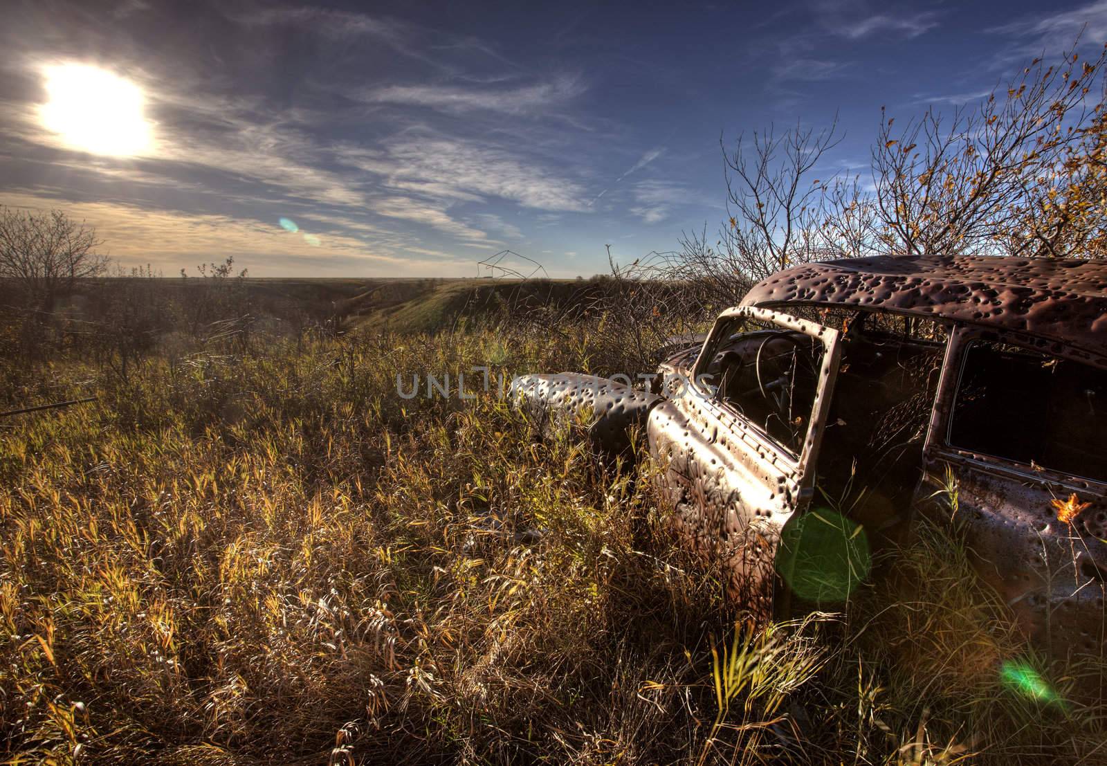 Vintage Car abandoned bullet holes target practice Saskatchewan