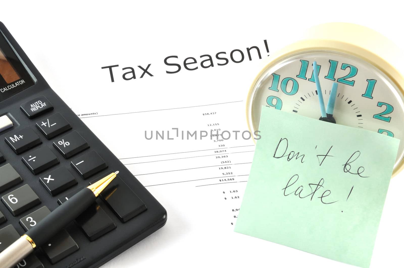 Concept Image with calculator and clock. Tax Season! Don`t be late! 
