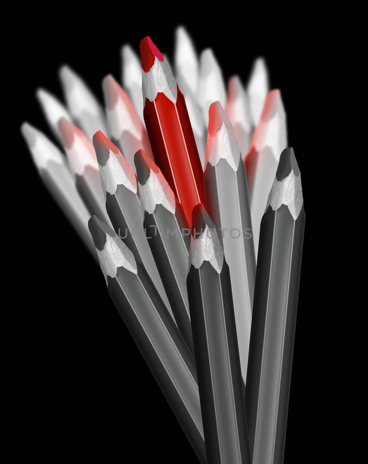 Group of pencils gray and one red, a metaphor for leadership and command