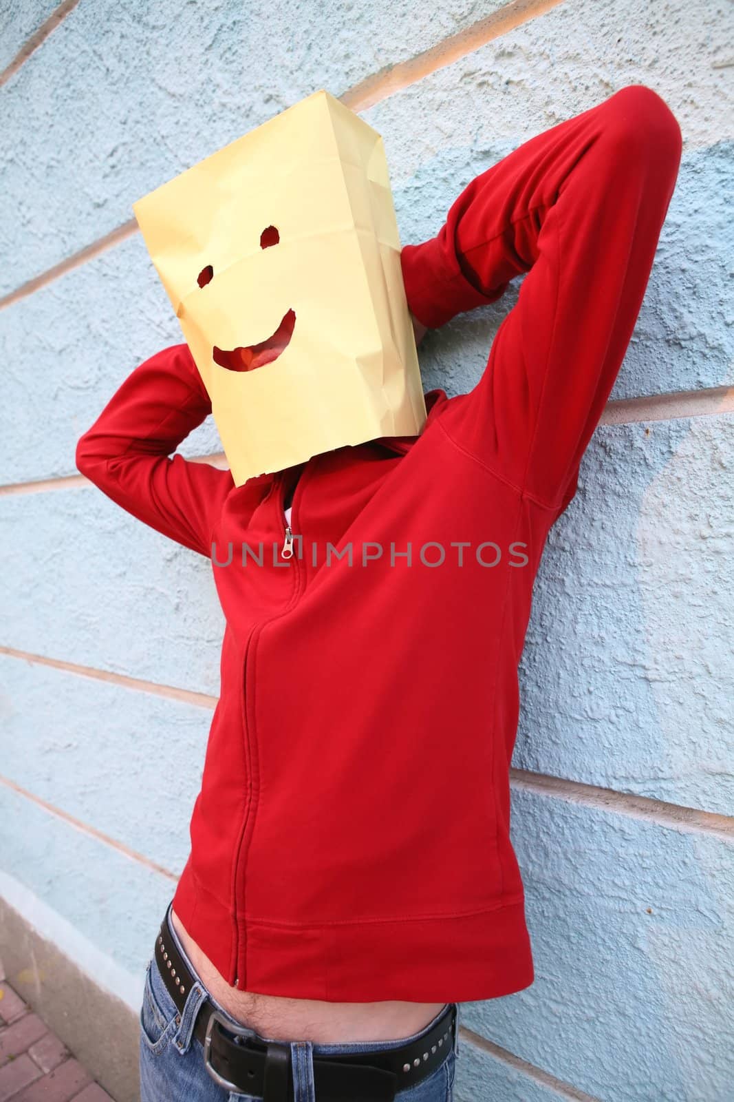 Package-Head, Merry Funny Man with Raised Hand