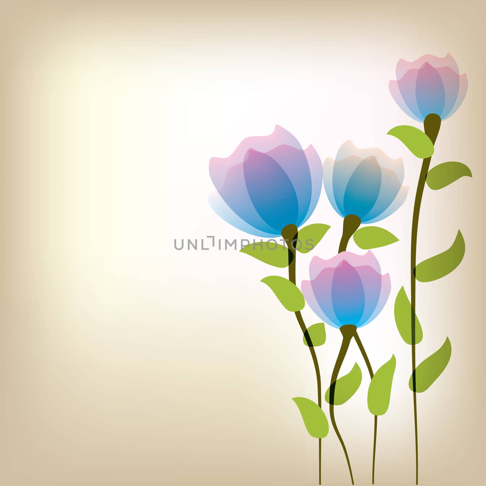 abstract floral illustration with blue flowers on beige background