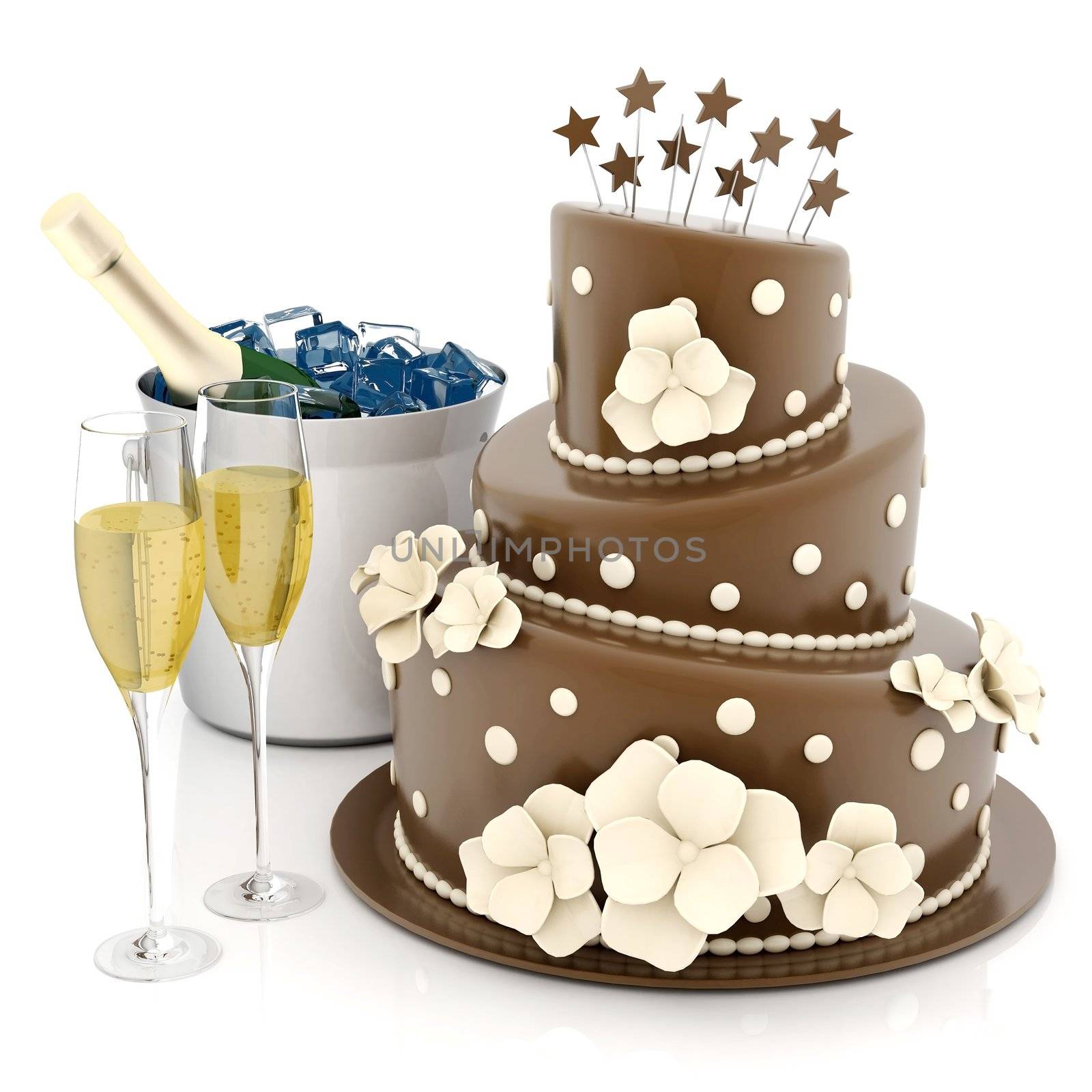 A beautiful wedding cake on a white background