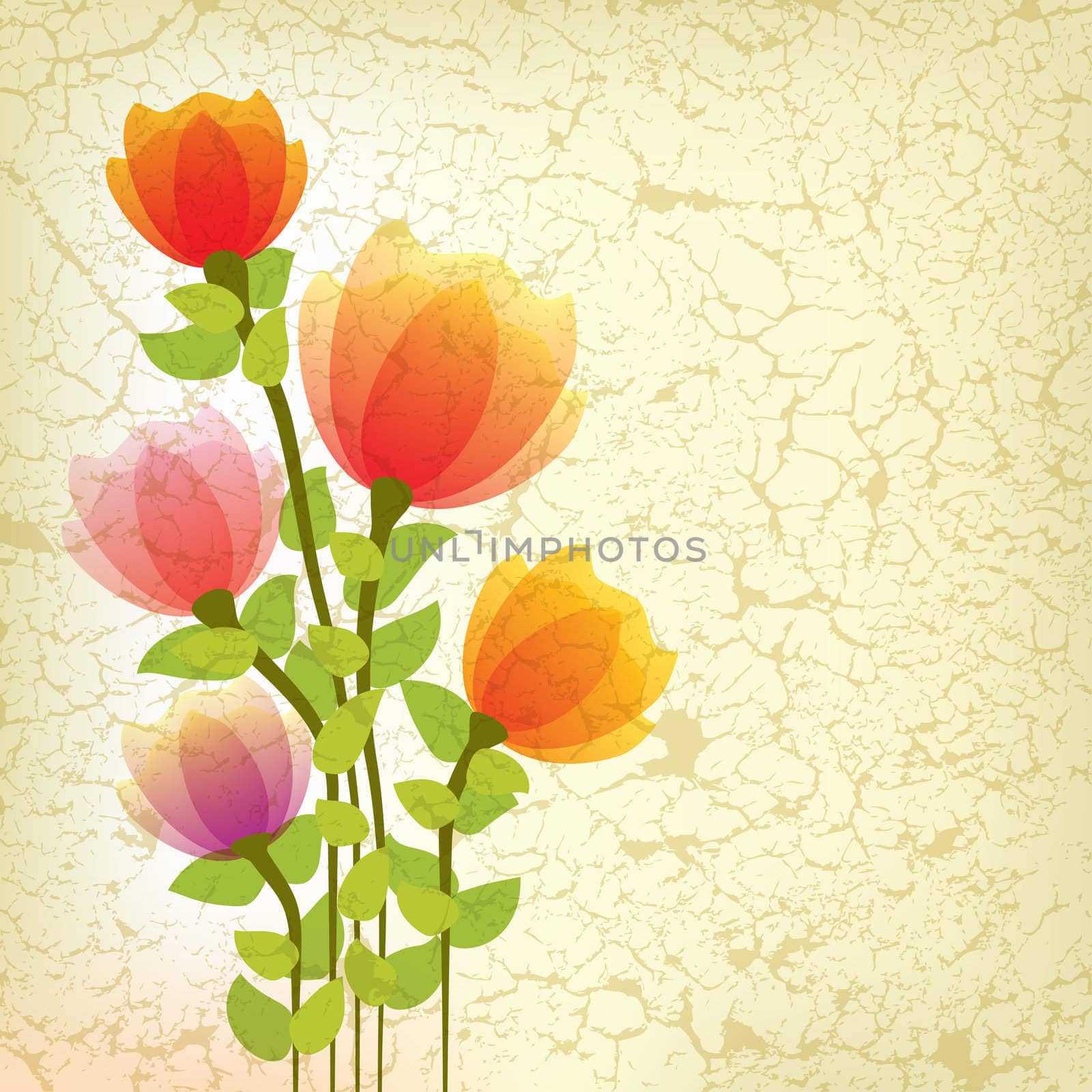 abstract floral illustration with red flowers on cracked background