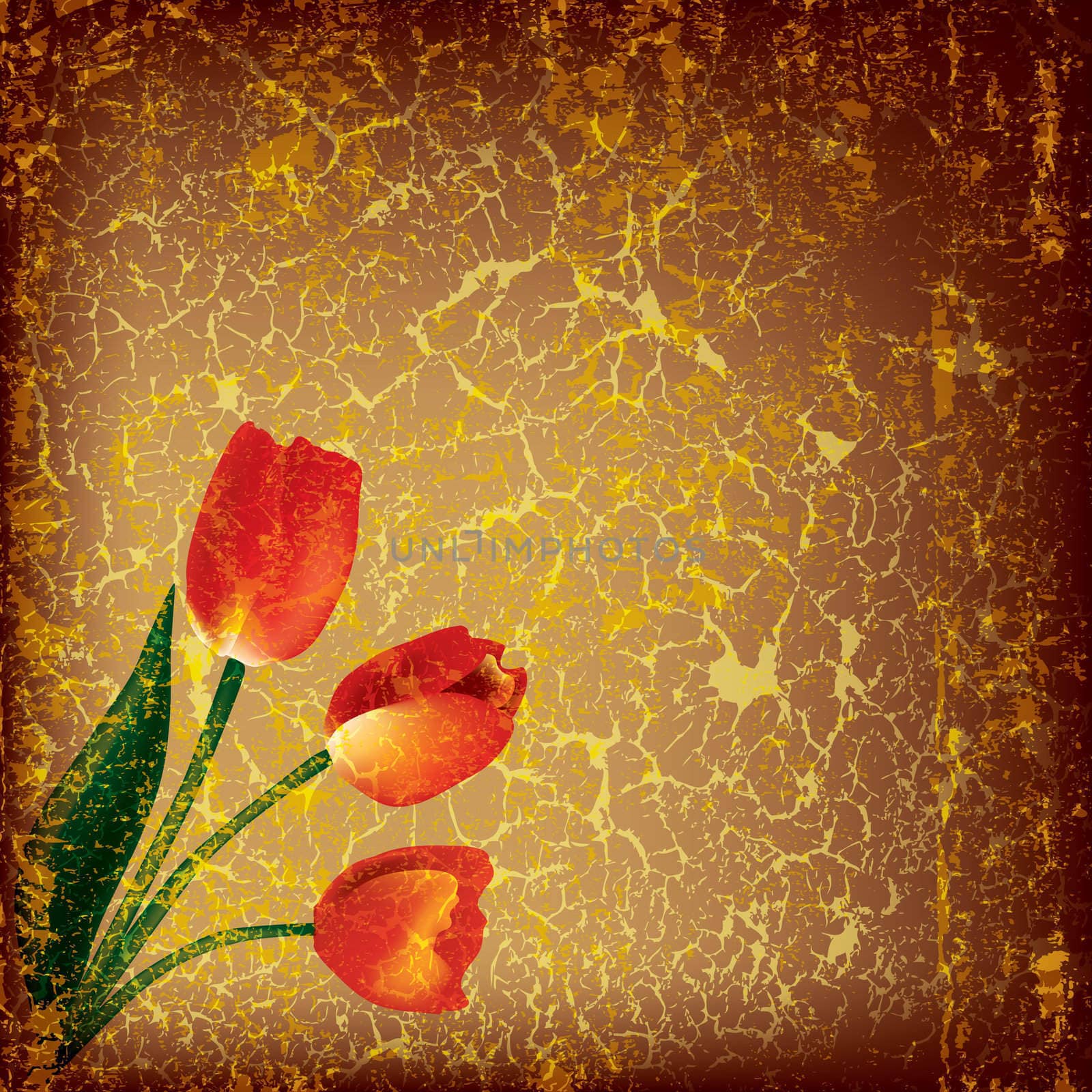 abstract grunge illustration with tulip on brown background
