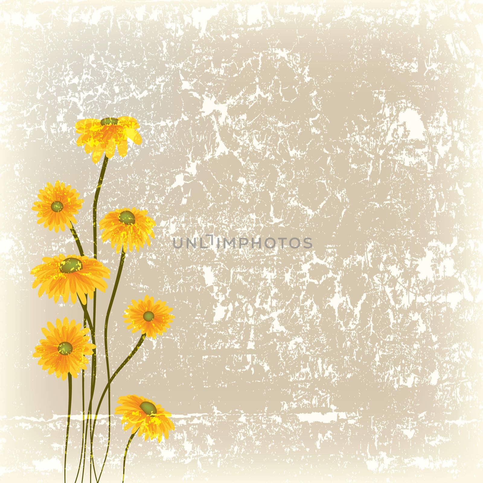 abstract grunge illustration with yellow flowers on cracked background