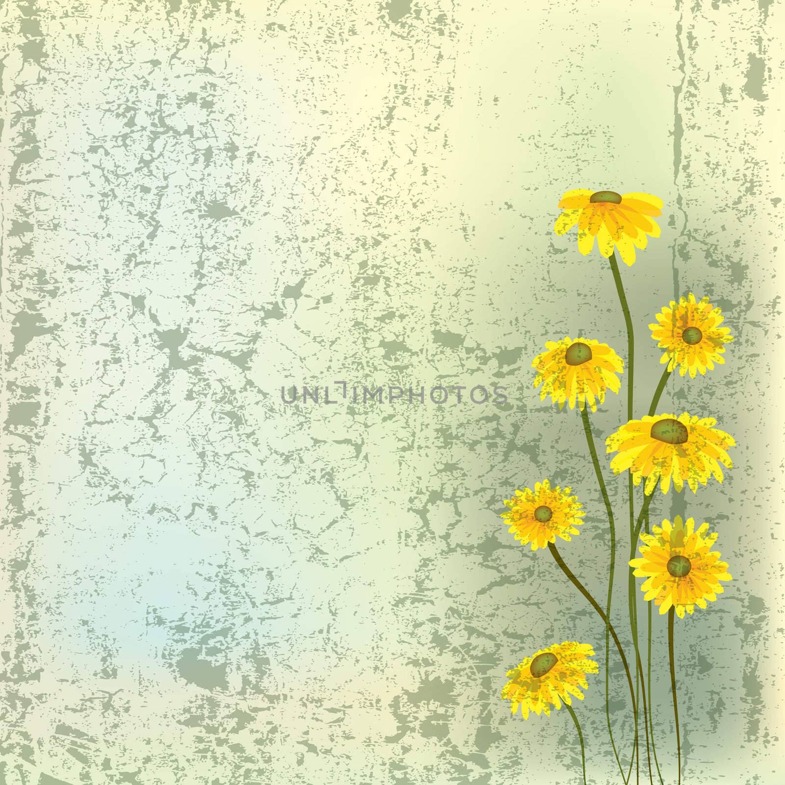 abstract grunge illustration with yellow flowers on green background