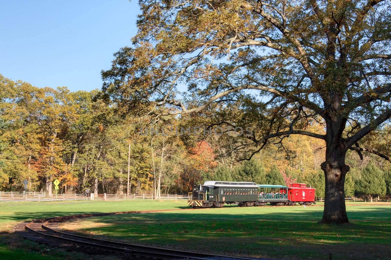 An old, restored train taking people for rides at Allaire Park in New Jersey