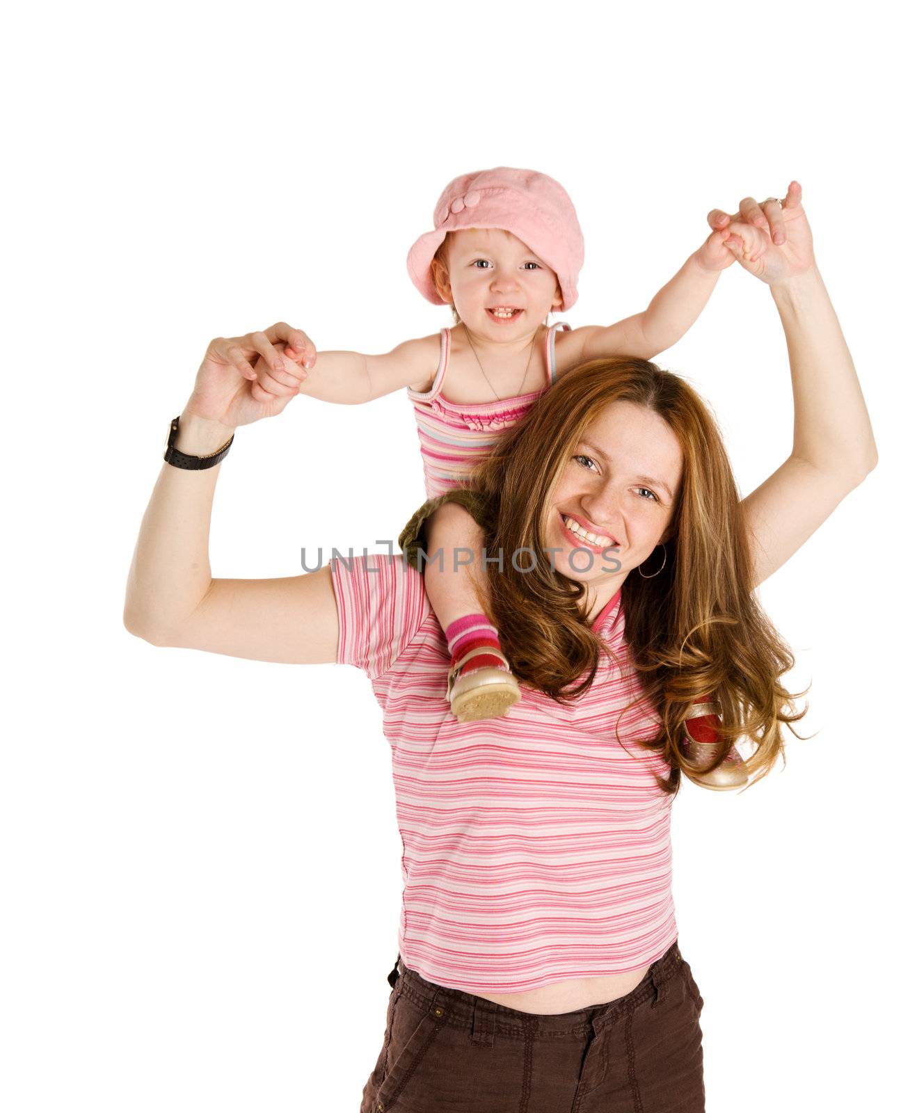 Mother holding child on shoulders isolated on white