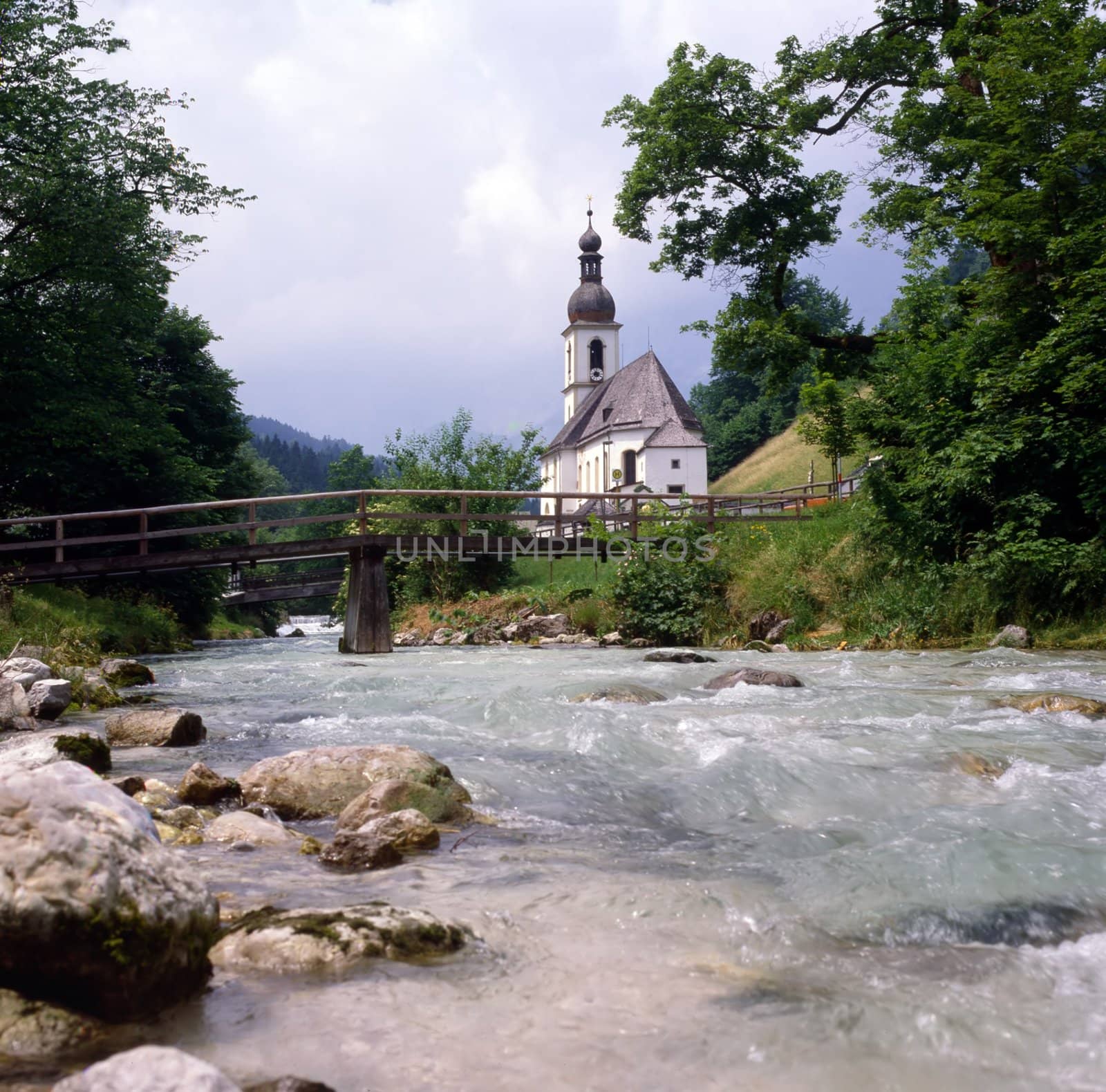 Church with bridge in Ramsau, Germany