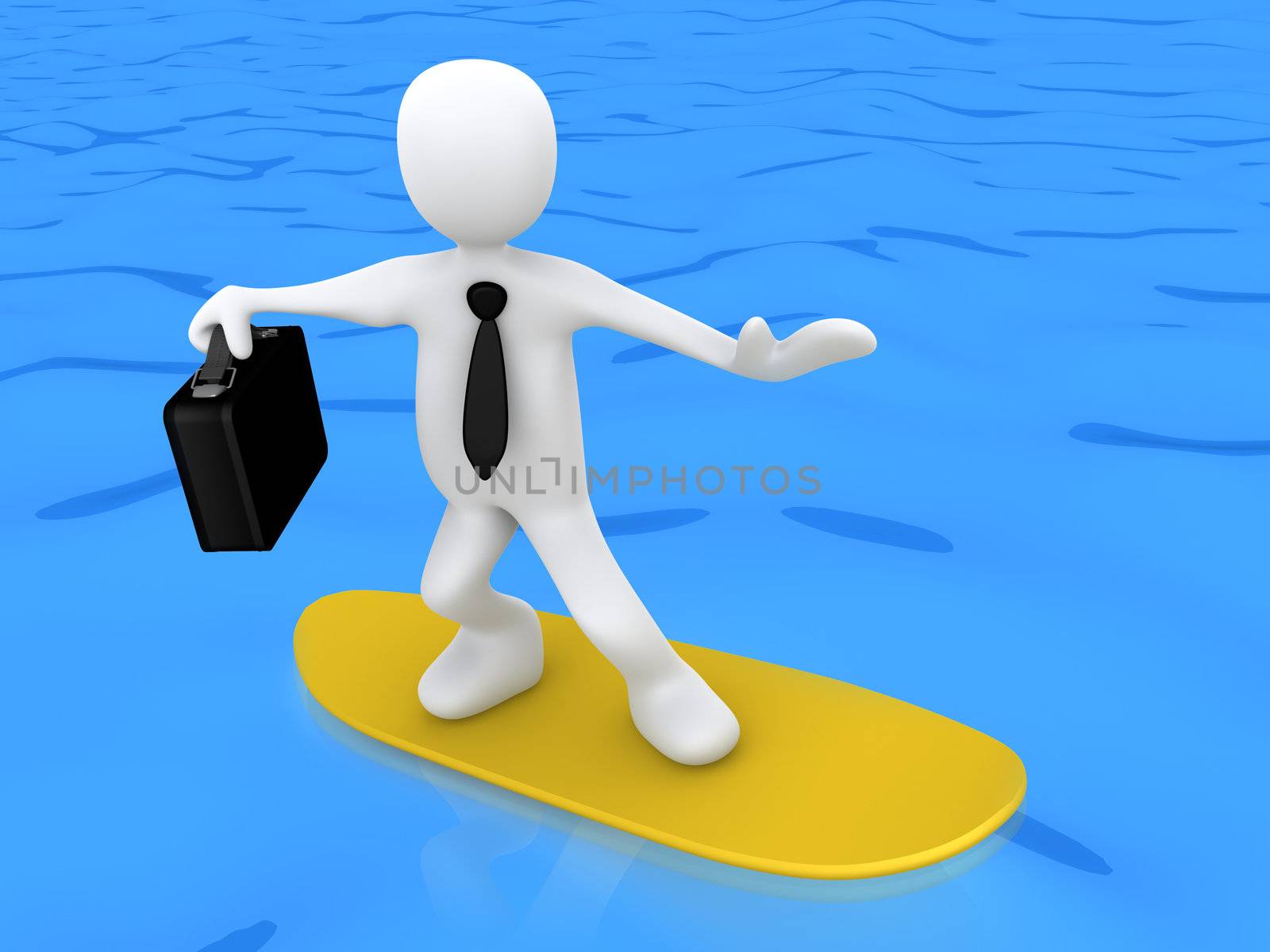 3d businessman on a surf board .