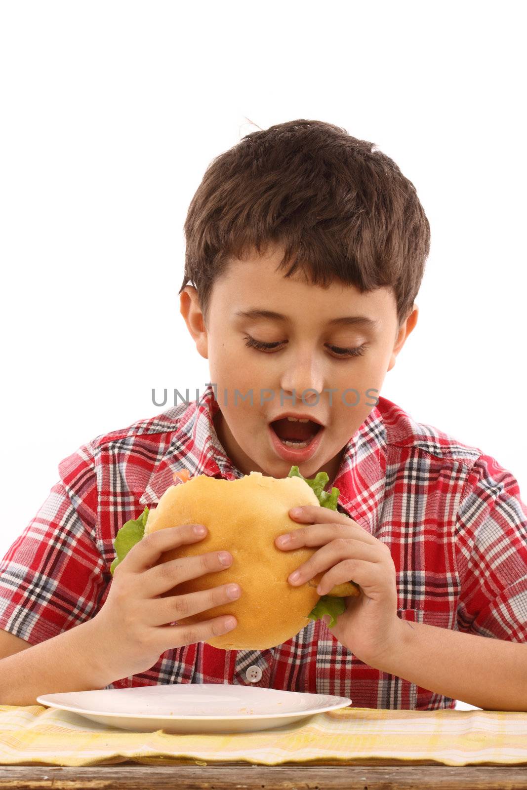 boy eating a big hamburger close up 