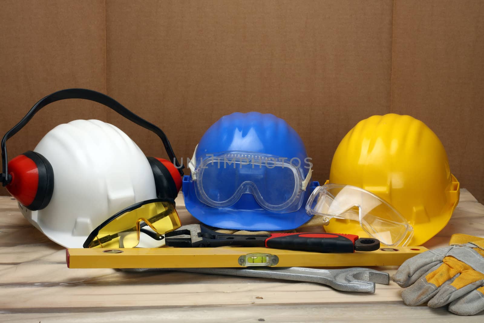 Some worker's helmets close up. Safety concept