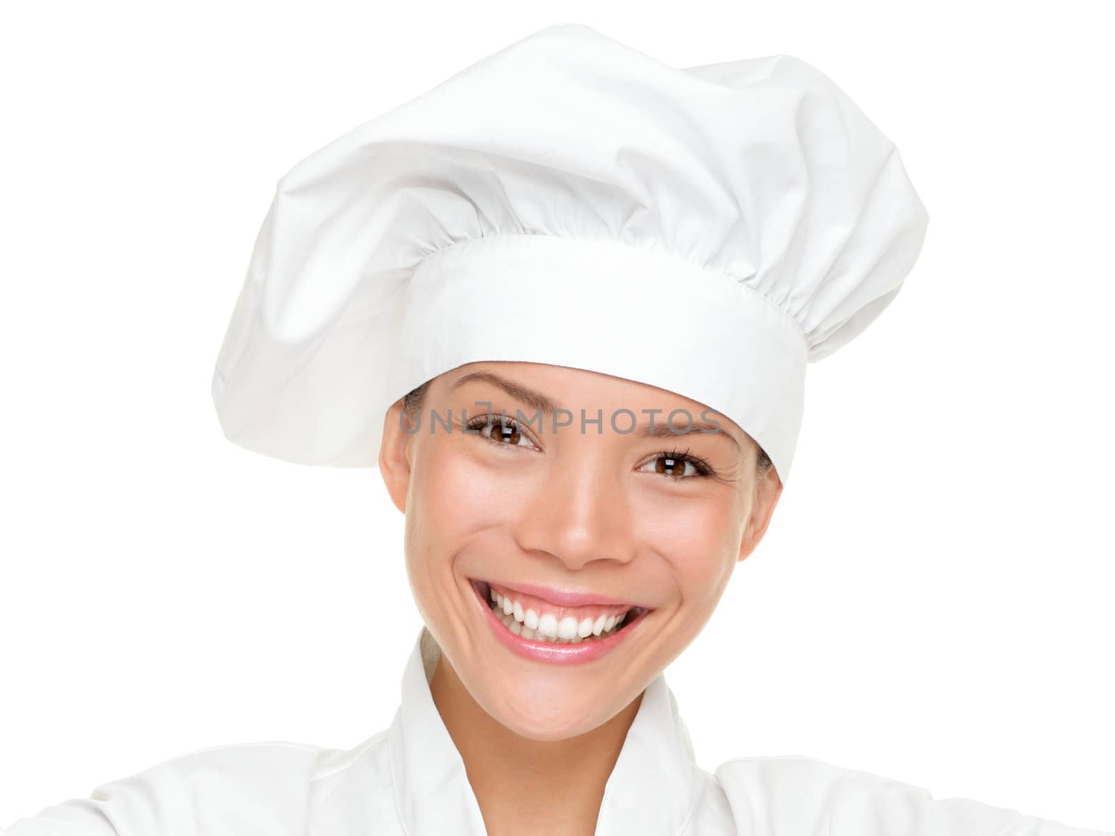 Woman chef, cook or baker portrait. Beautiful young mixed race Chinese Asian / Caucasian female chef wearing chef hat isolated on white background.