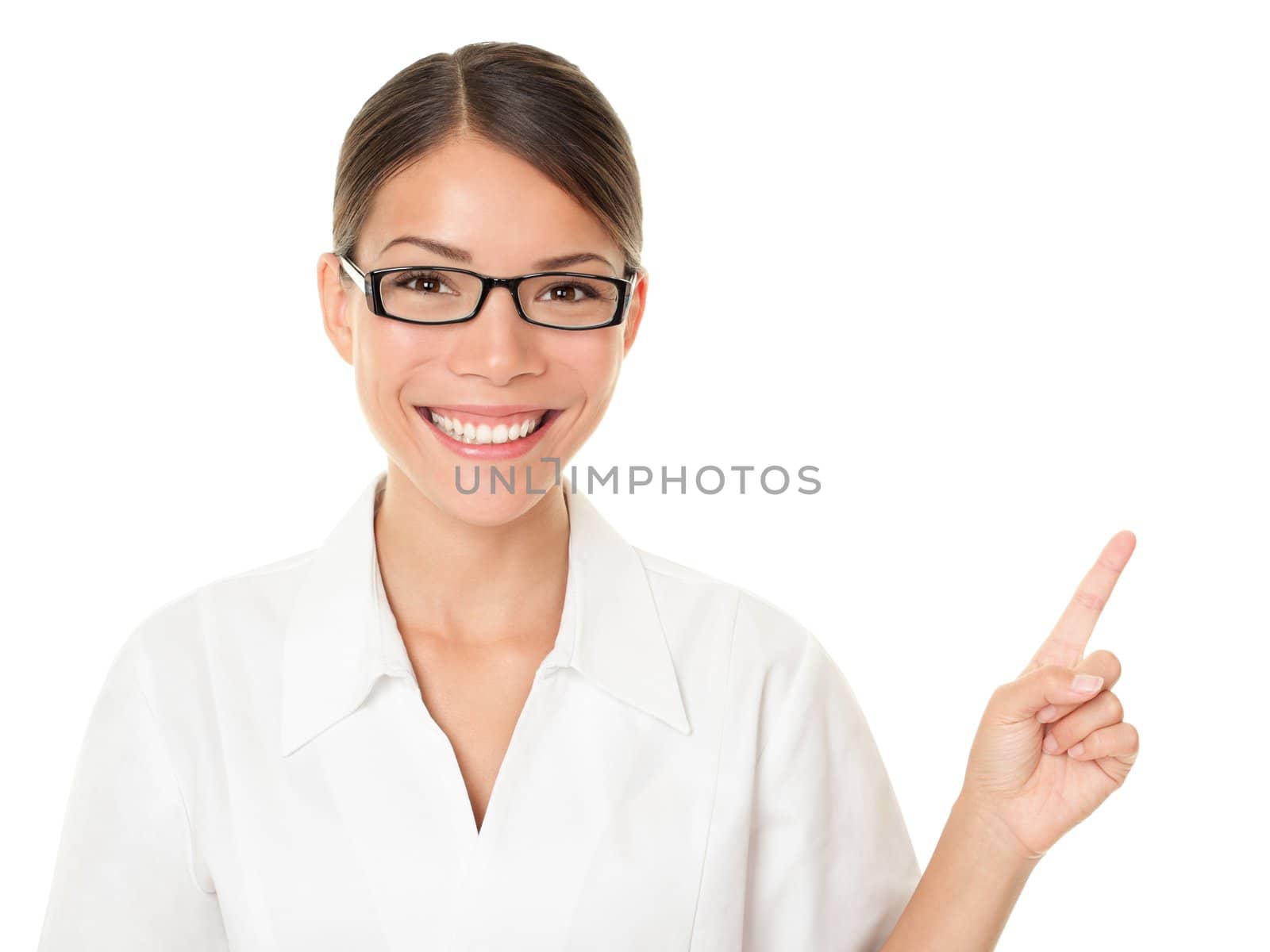 Optician woman pointing and showing wearing eye glasses. Eyewear concept with mulitracial Asian / Caucasian female model isolated on white background.