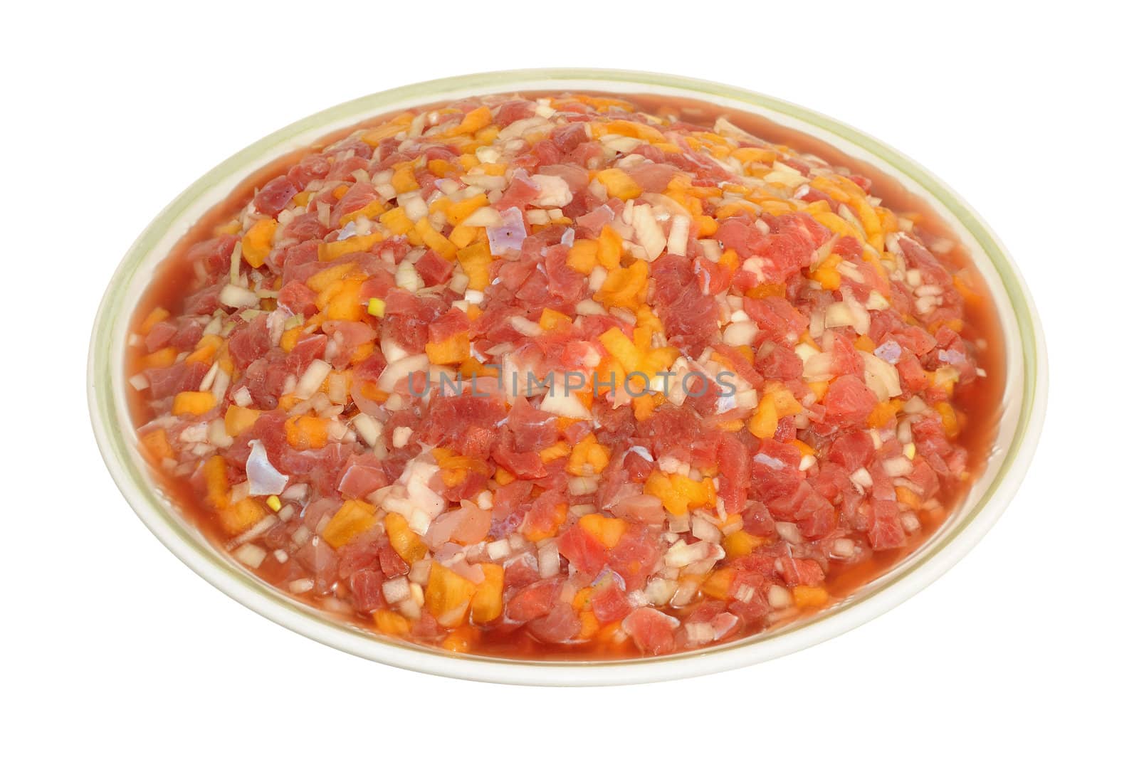 Minced meat for cooking oriental cuisine. Finely sliced lamb and beef with chunks of pumpkin and onions 