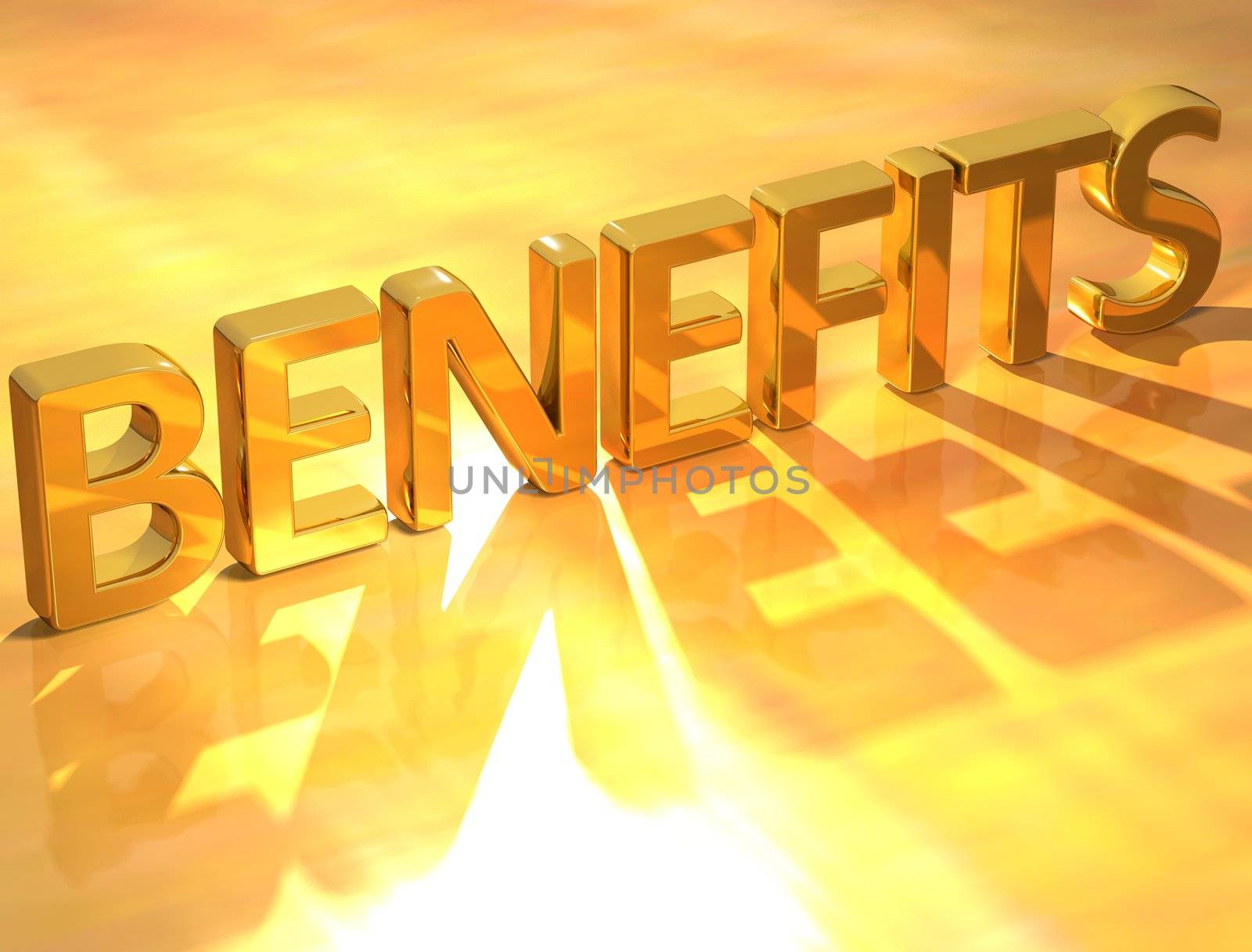 3D Gold Benefits text on yellow background
