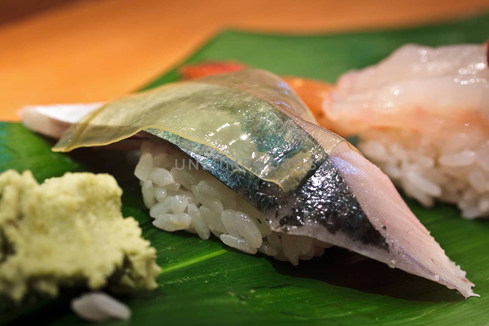 Delicious sushi nigiri on green leaf with wasabi