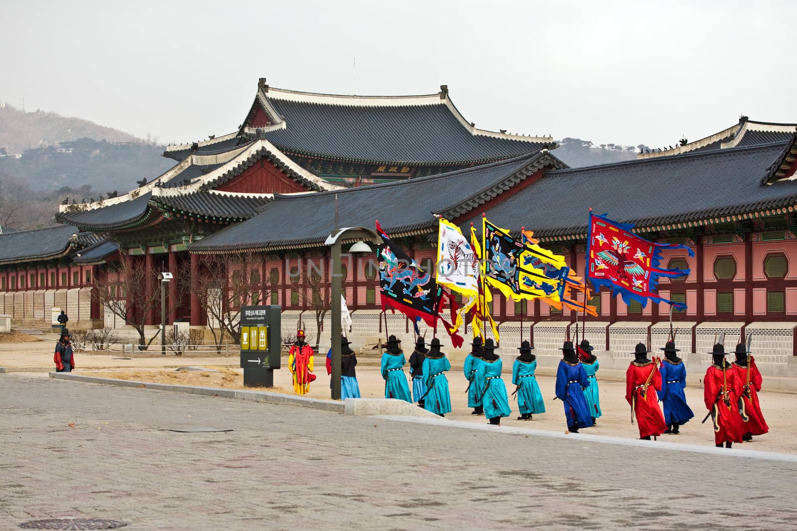 Korean traditional guardians with flags in Seoul