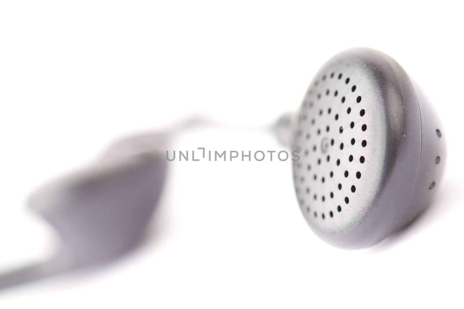 Closeup of earphones isolated on white background.
