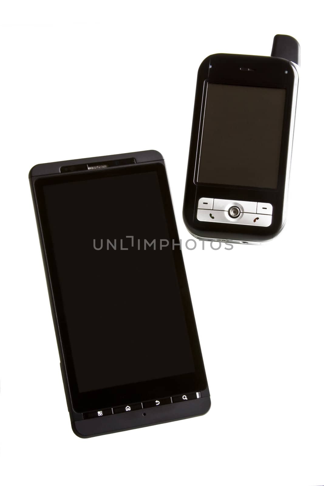 New smartphone with older smartphone on white background