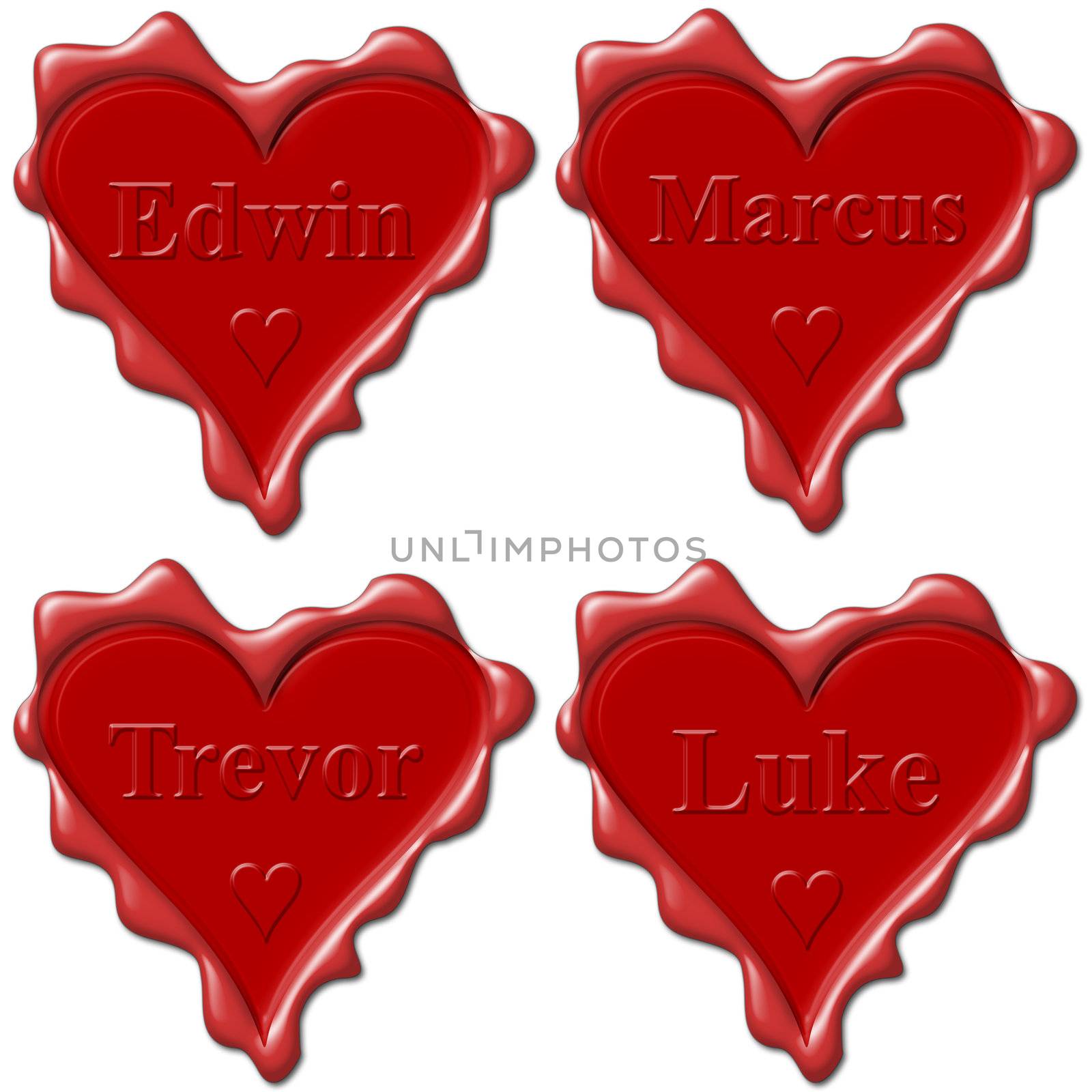 Valentine love hearts with names: Edwin, Marcus, Trevor, Luke