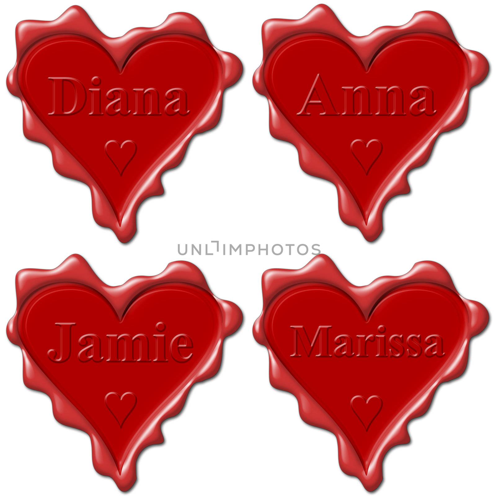Valentine love hearts with names: Diana, Anna, Jamie, Marissa