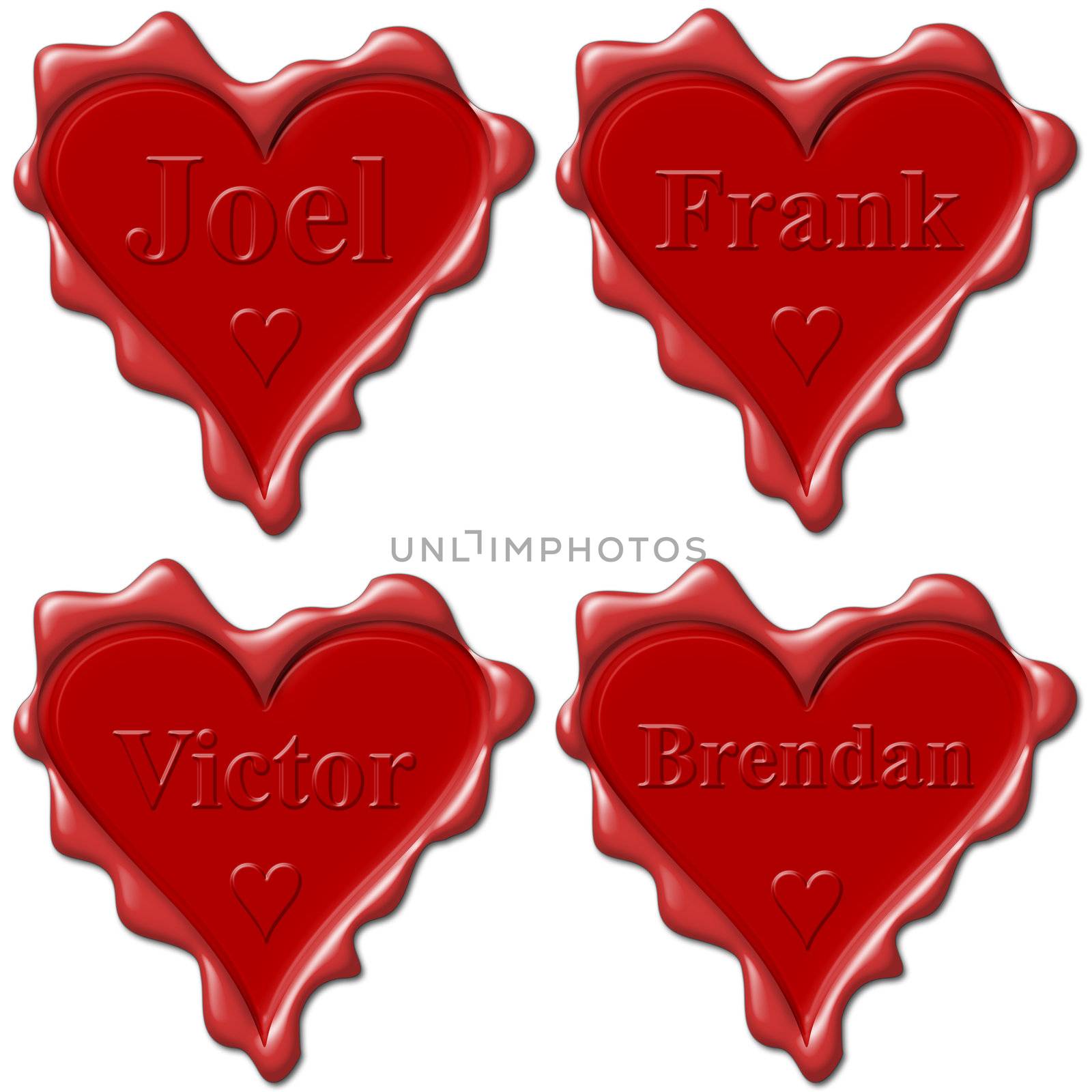 Valentine love hearts with names: Joel, Frank, Victor, Brendan