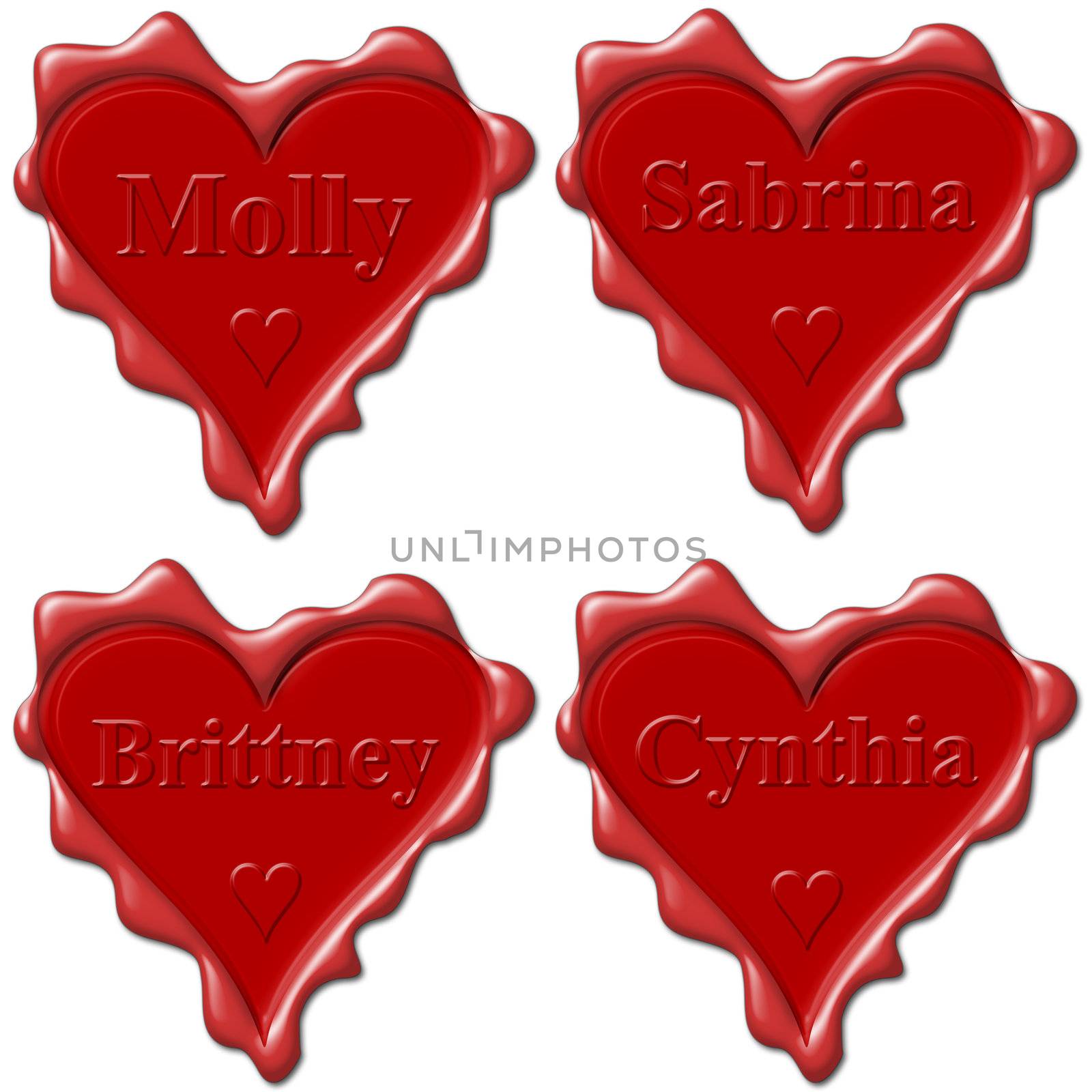 Valentine love hearts with names: Molly, Sabrina, Brittney, Cynt by mozzyb