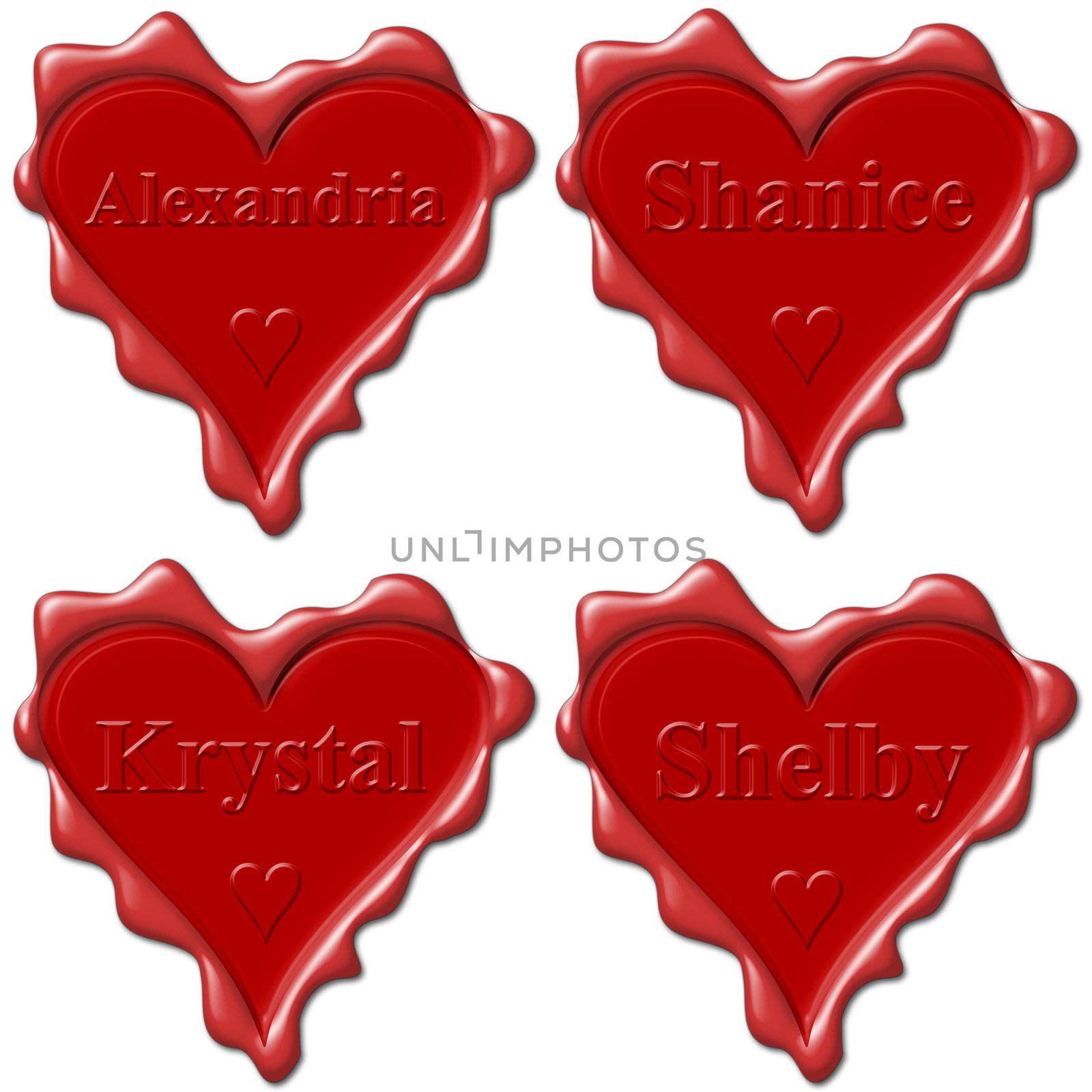 Valentine love hearts with names: Alexandria, Shanice, Krystal, Shelby