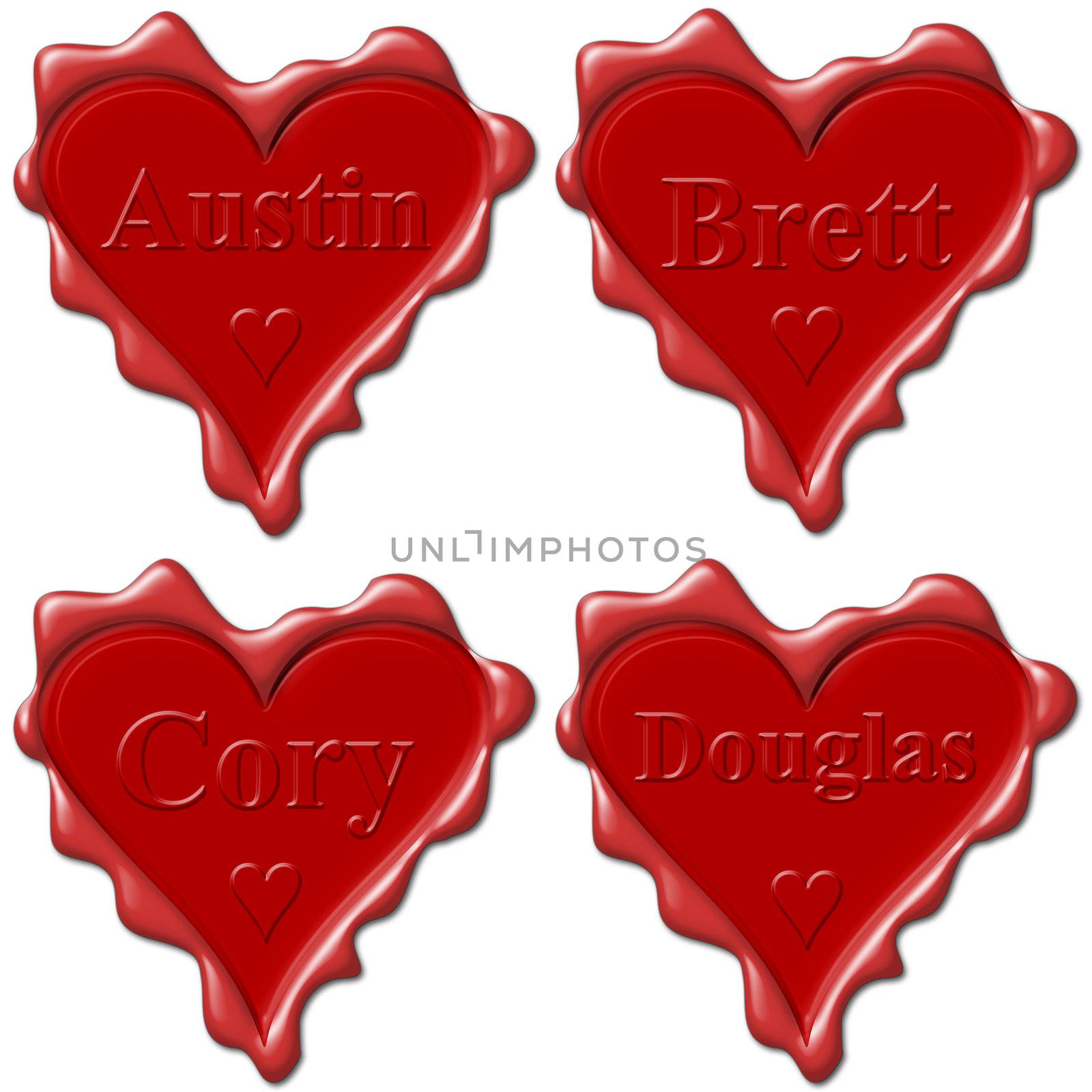 Valentine love hearts with names: Austin, Brett, Cory, Douglas by mozzyb