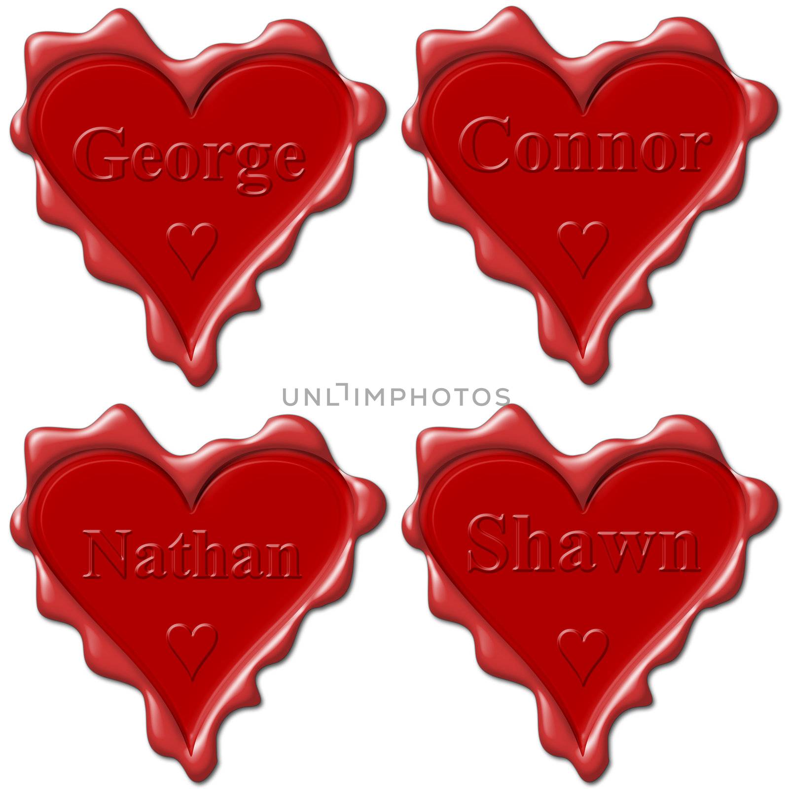 Valentine love hearts with names: George, Connor, Nathan, Shawn, by mozzyb
