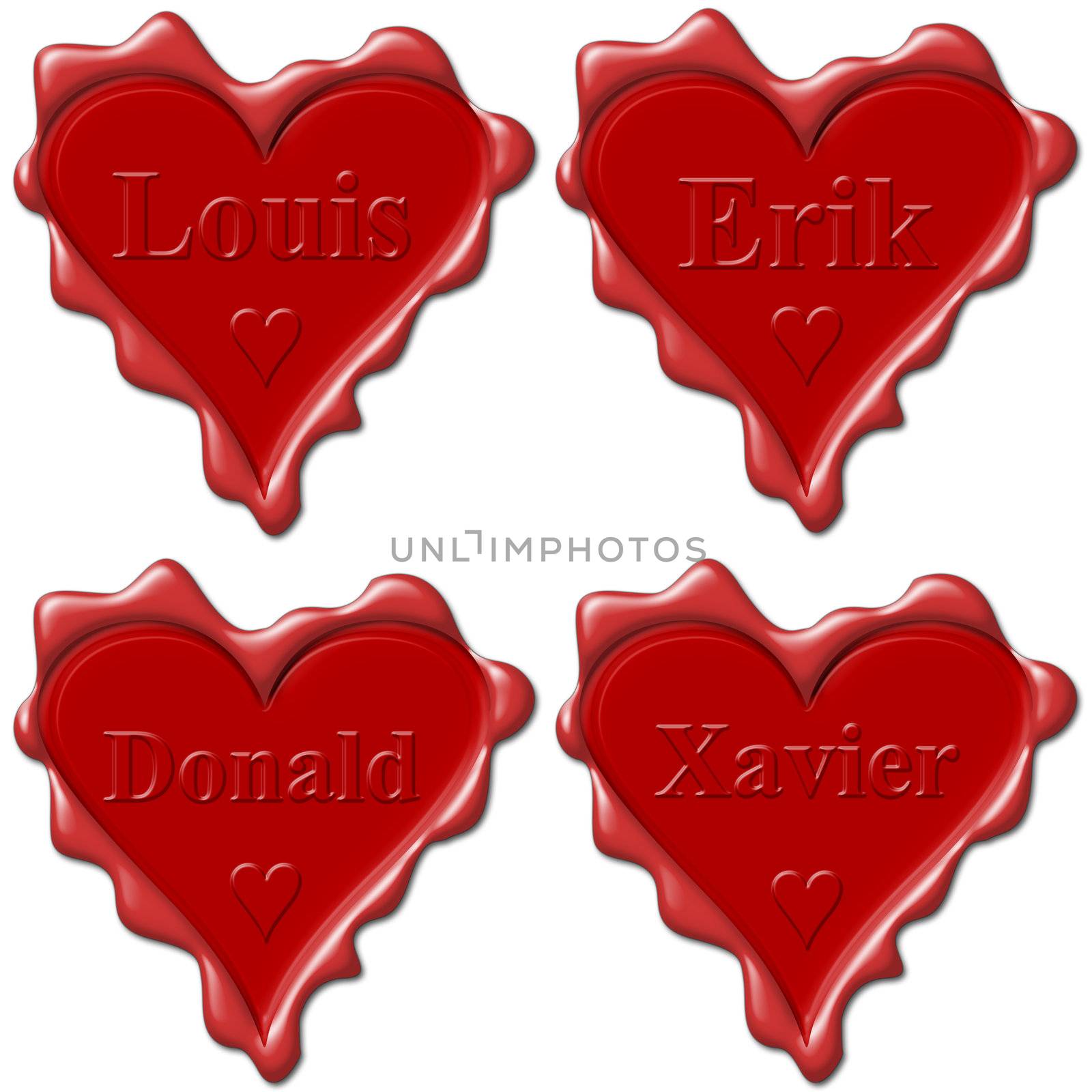 Valentine love hearts with names: Louis, Erik, Donald, Xavier  by mozzyb