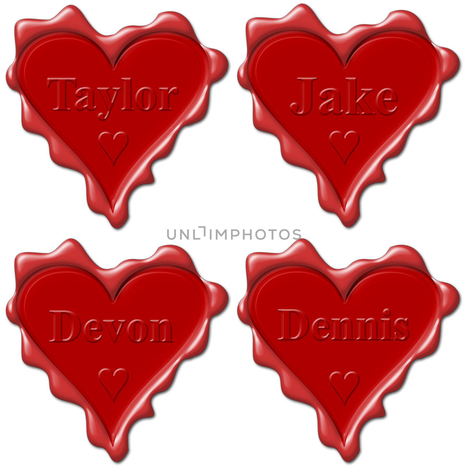 Valentine love hearts with names: Taylor, Jake, Devon, Dennis