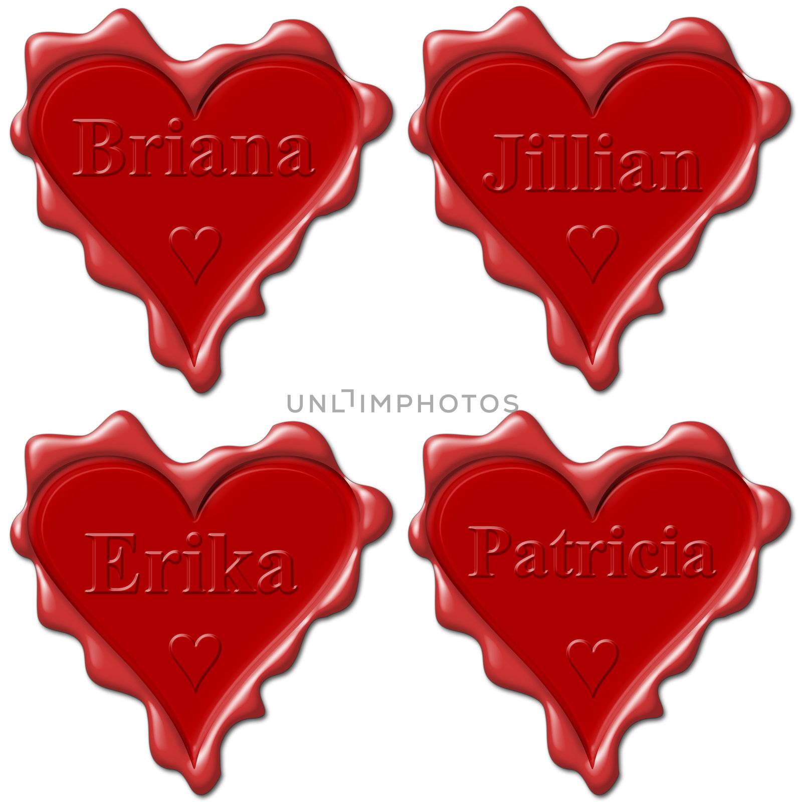 Valentine love hearts with names: Briana, Jillian, Erika, Patricia