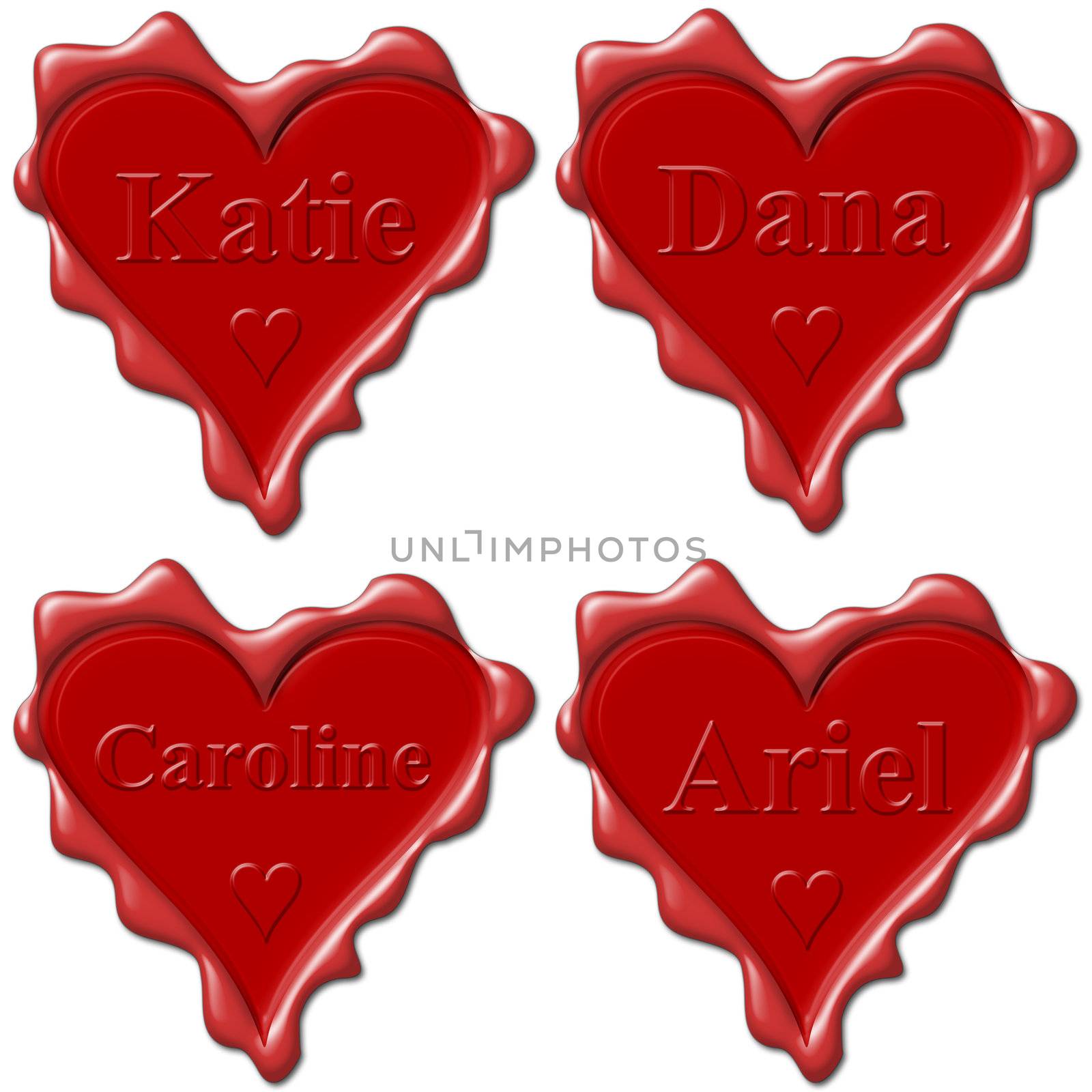 Valentine love hearts with names: Katie, Dana, Caroline, Ariel