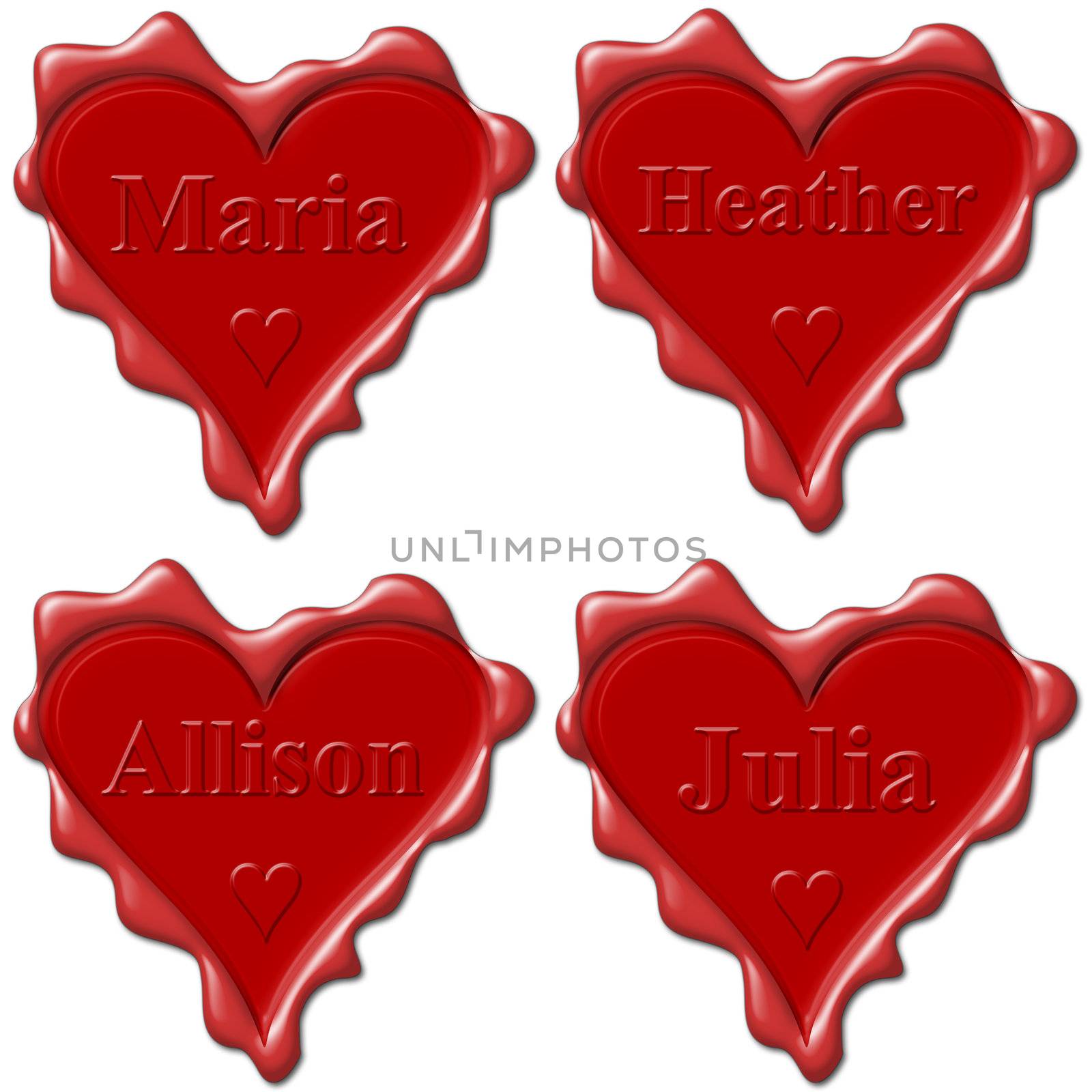Valentine love hearts with names: Maria, Heather, Allison, Julia