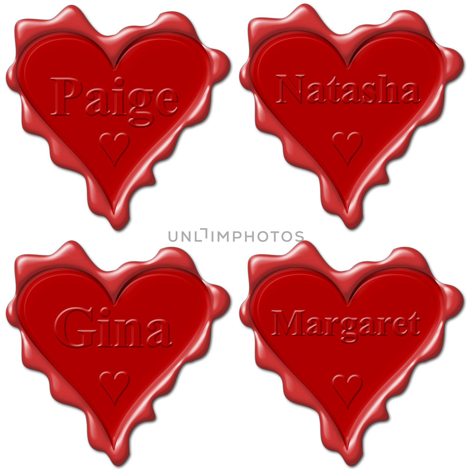 Valentine love hearts with names: Paige, Natasha, Gina, Margaret