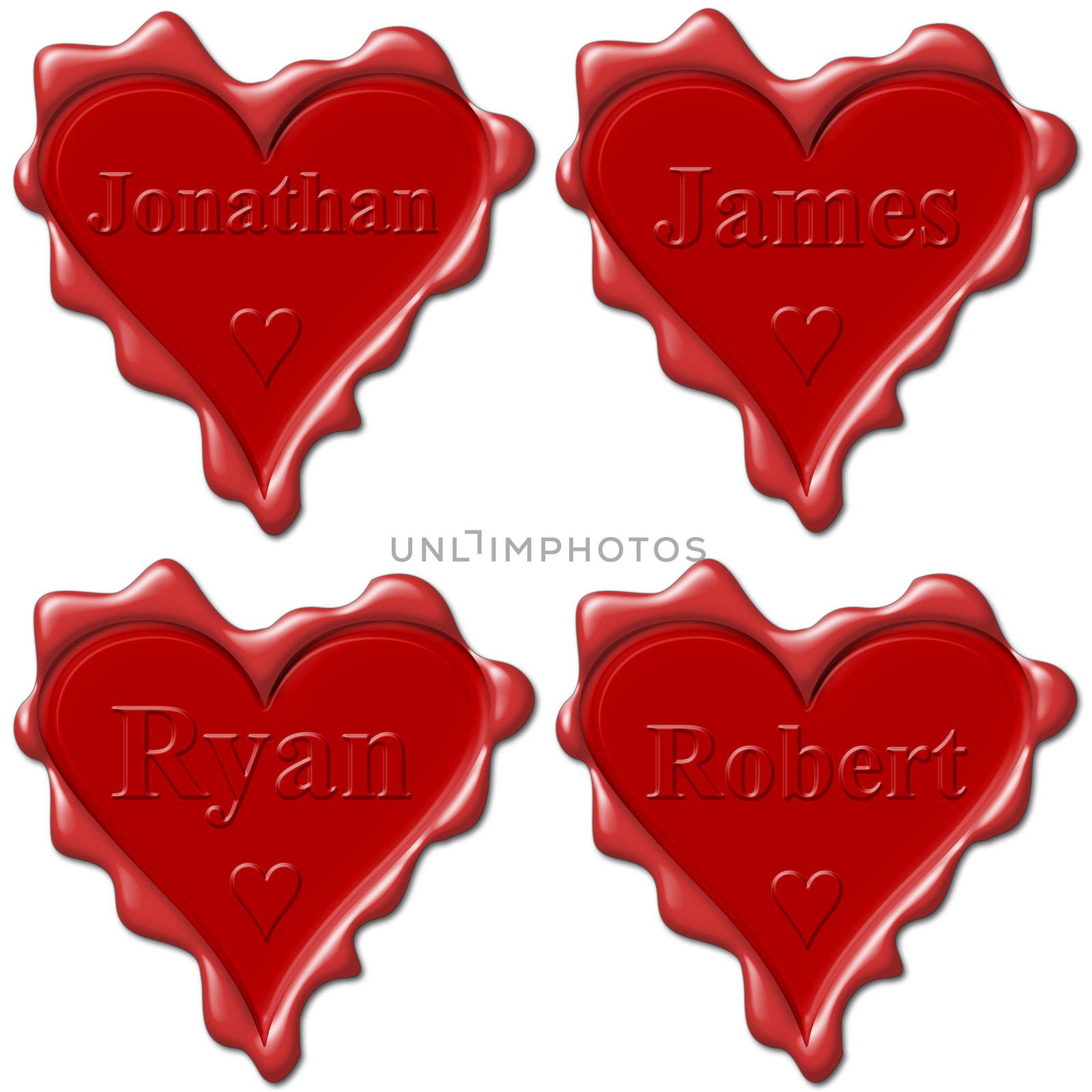 Valentine love hearts with names: Jonathan, James, Ryan, Robert by mozzyb