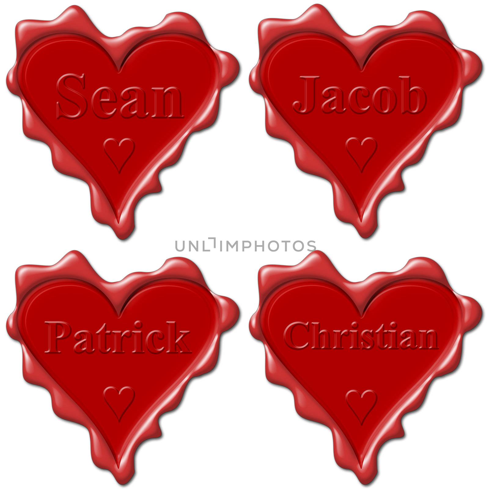 Valentine love hearts with names: Sean, Jacob, Patrick, Christia by mozzyb