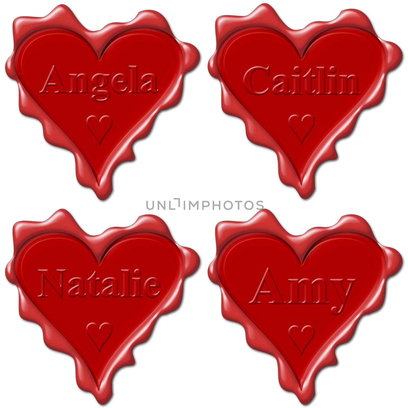 Valentine love hearts with names: Angela, Caitlin, Natalie, Amy